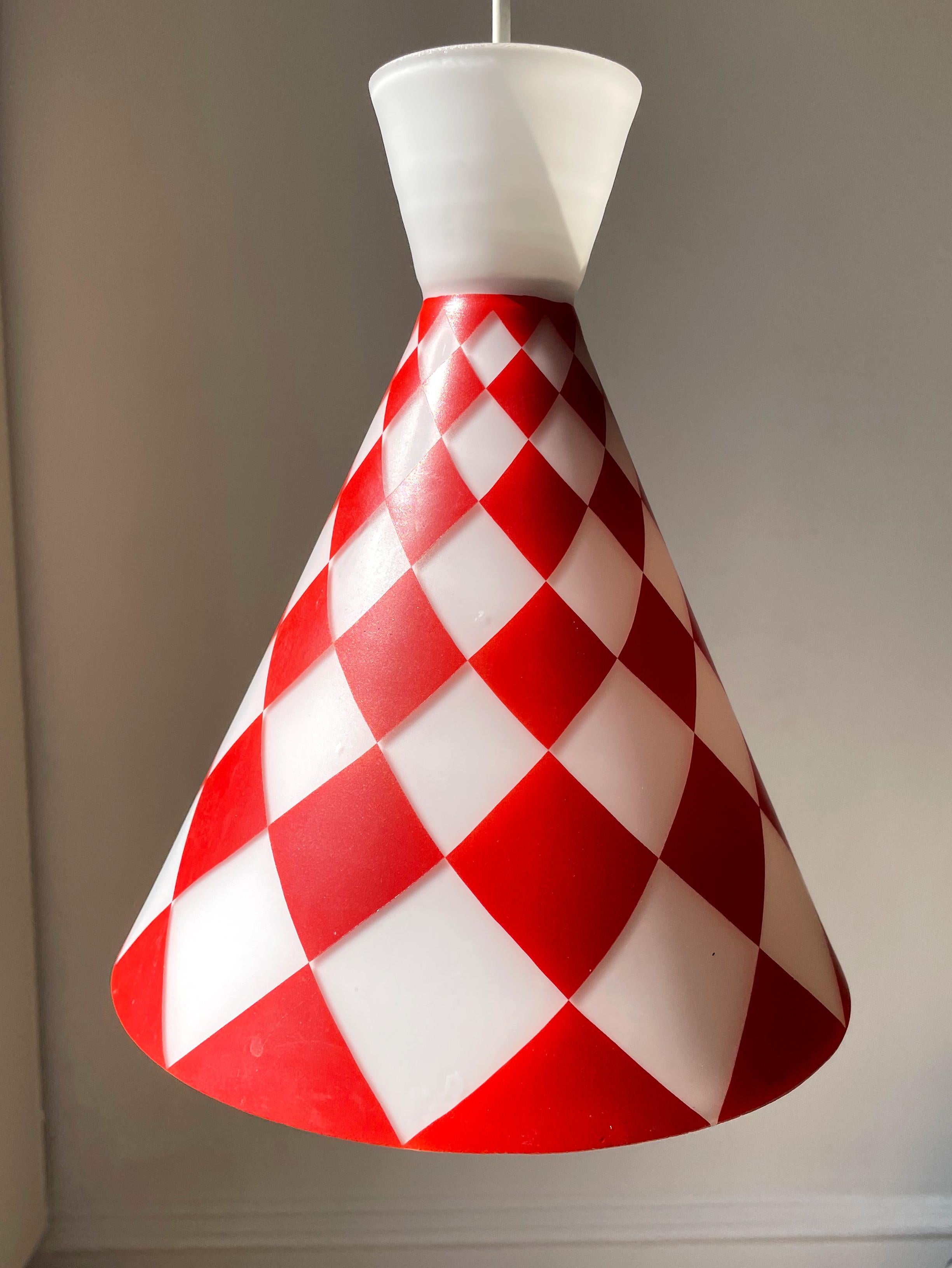 Mid-Century Modern Red White Square Opaline Glass Cone Pendant, 1970s For Sale