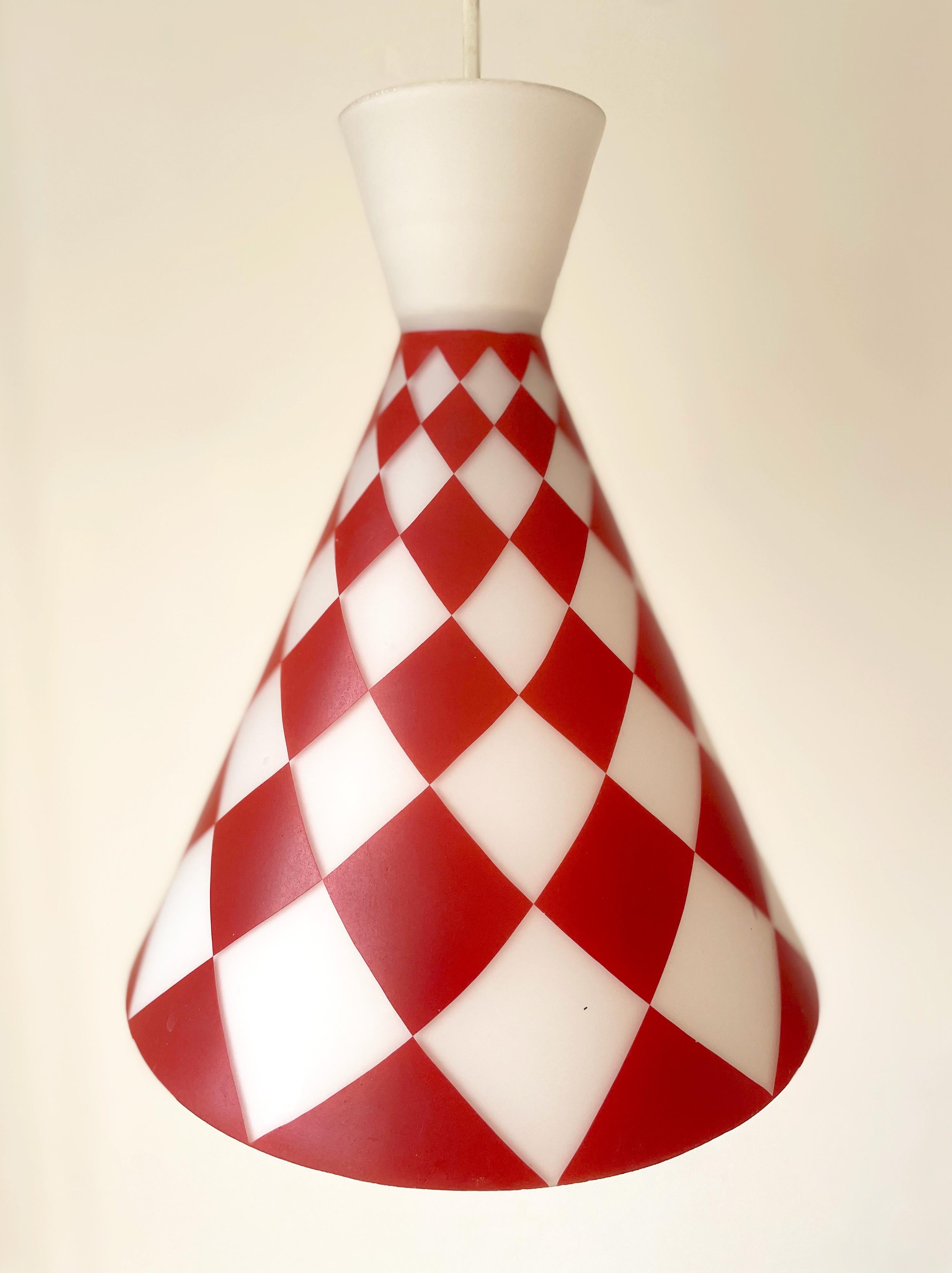 European Red White Square Opaline Glass Cone Pendant, 1970s For Sale