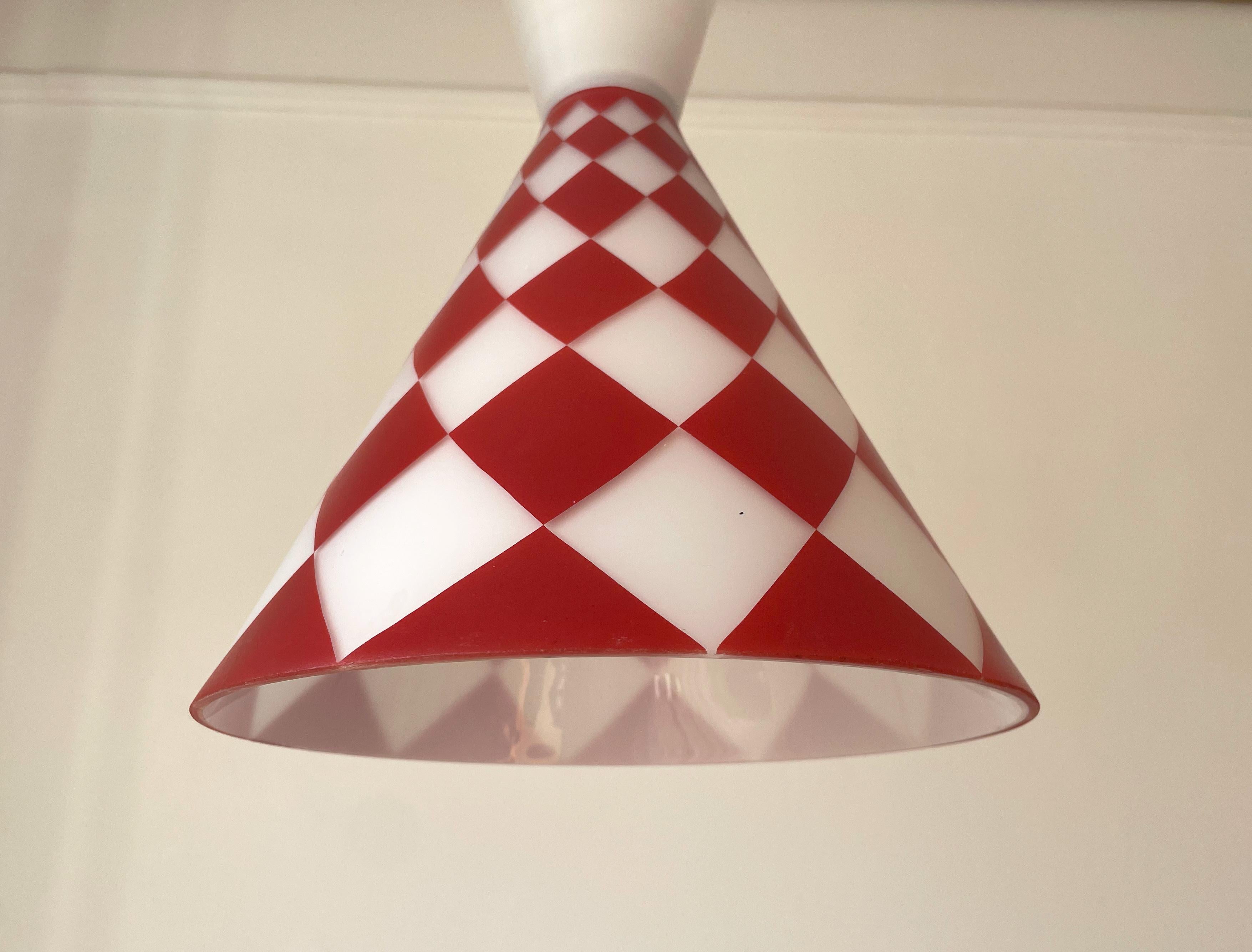 Red White Square Opaline Glass Cone Pendant, 1970s In Good Condition For Sale In Copenhagen, DK