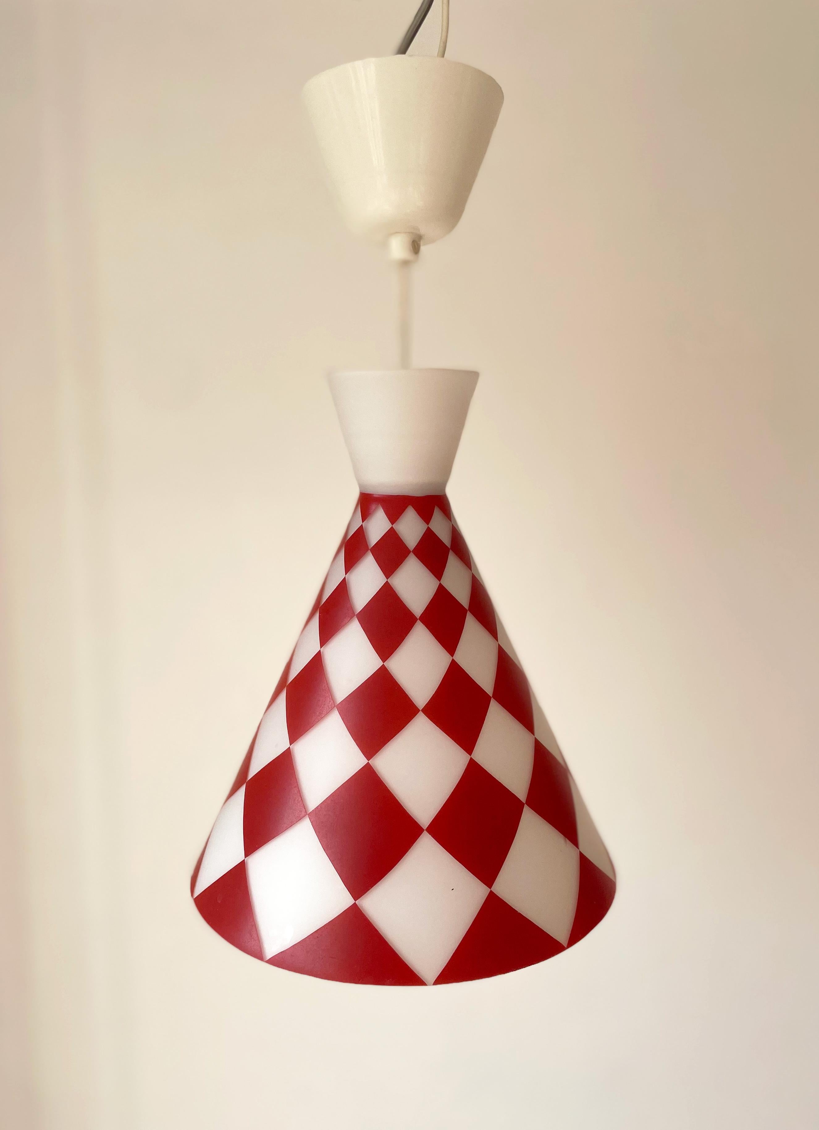 20th Century Red White Square Opaline Glass Cone Pendant, 1970s For Sale