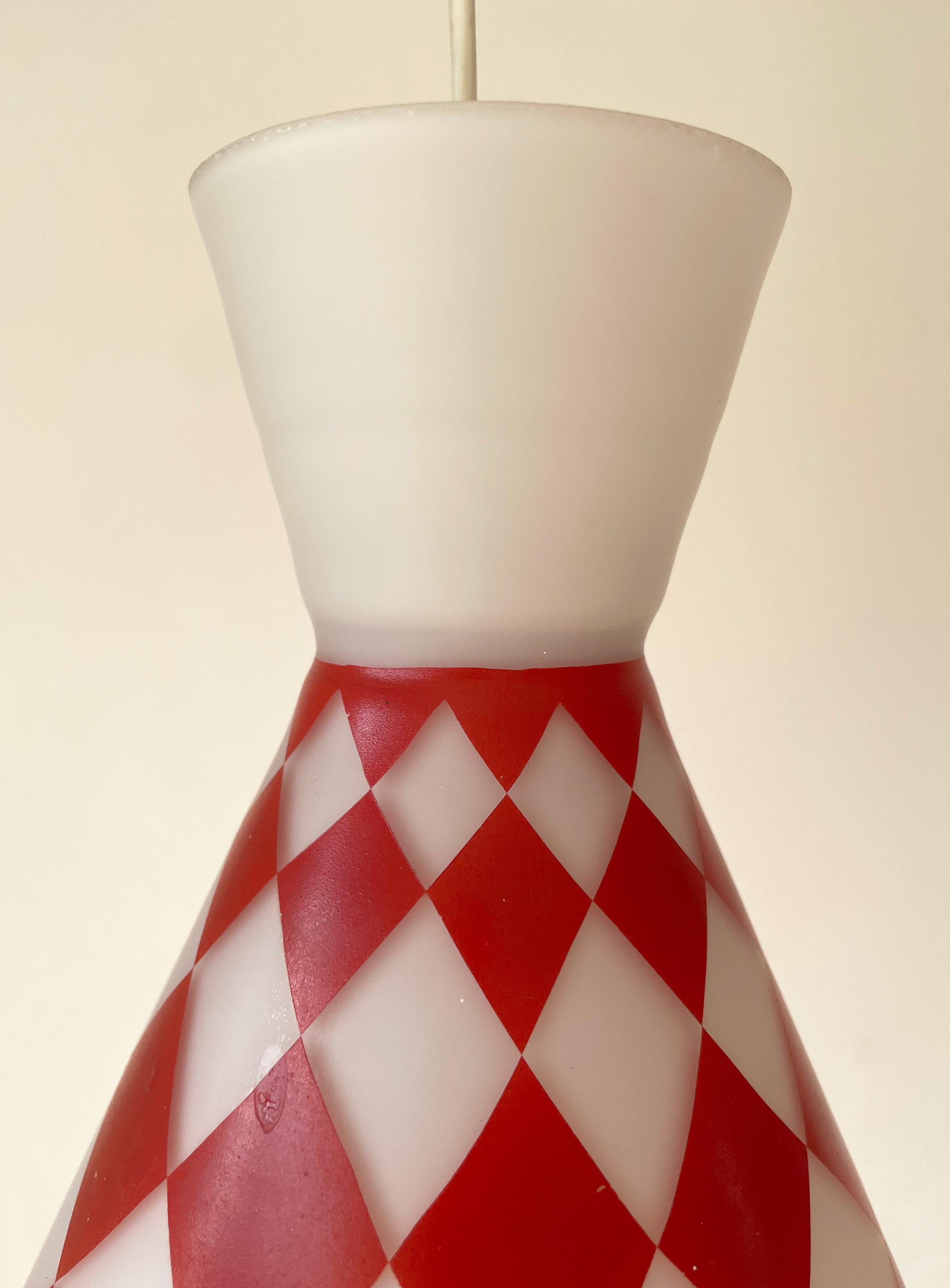 Red White Square Opaline Glass Cone Pendant, 1970s For Sale 3