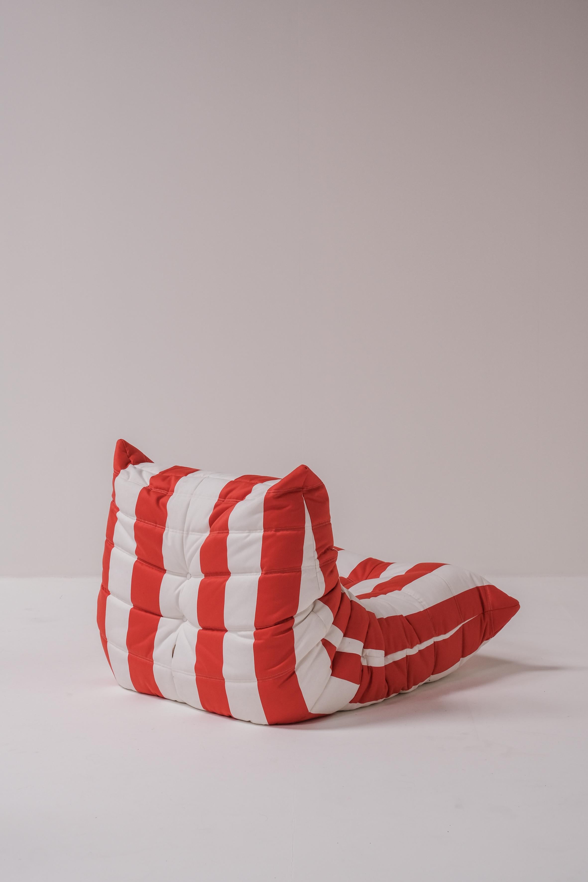 Mid-Century Modern Red white striped togo one seater by Michel Ducaroy for Ligne Roset