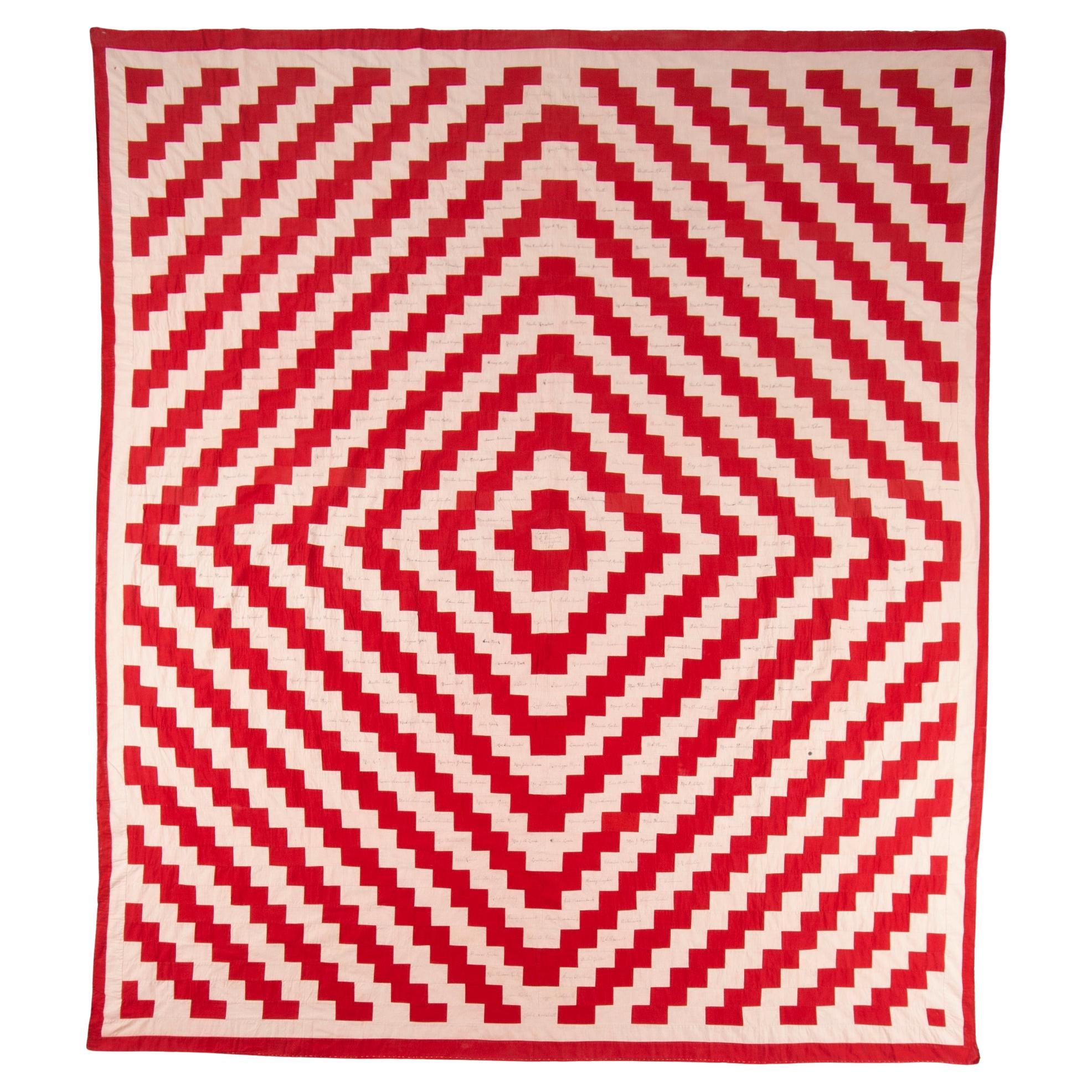 Rot-weißer Sonnenschein und Schatten Signature Quilt, ca. 1901 im Angebot