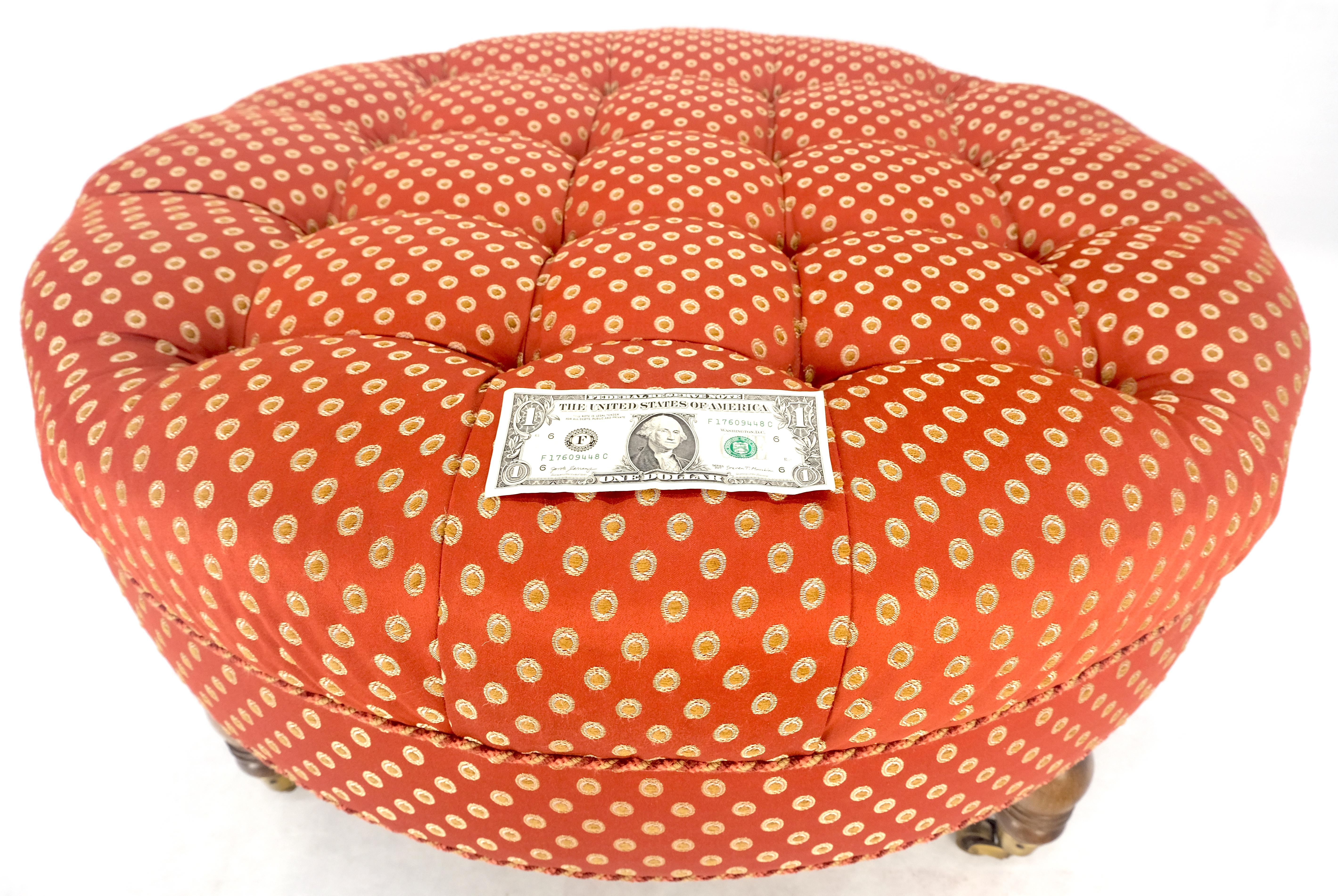Red White Tufted Upholstery Round Bech Pouf Hassock Ottoman Brass Castors MINT! 5