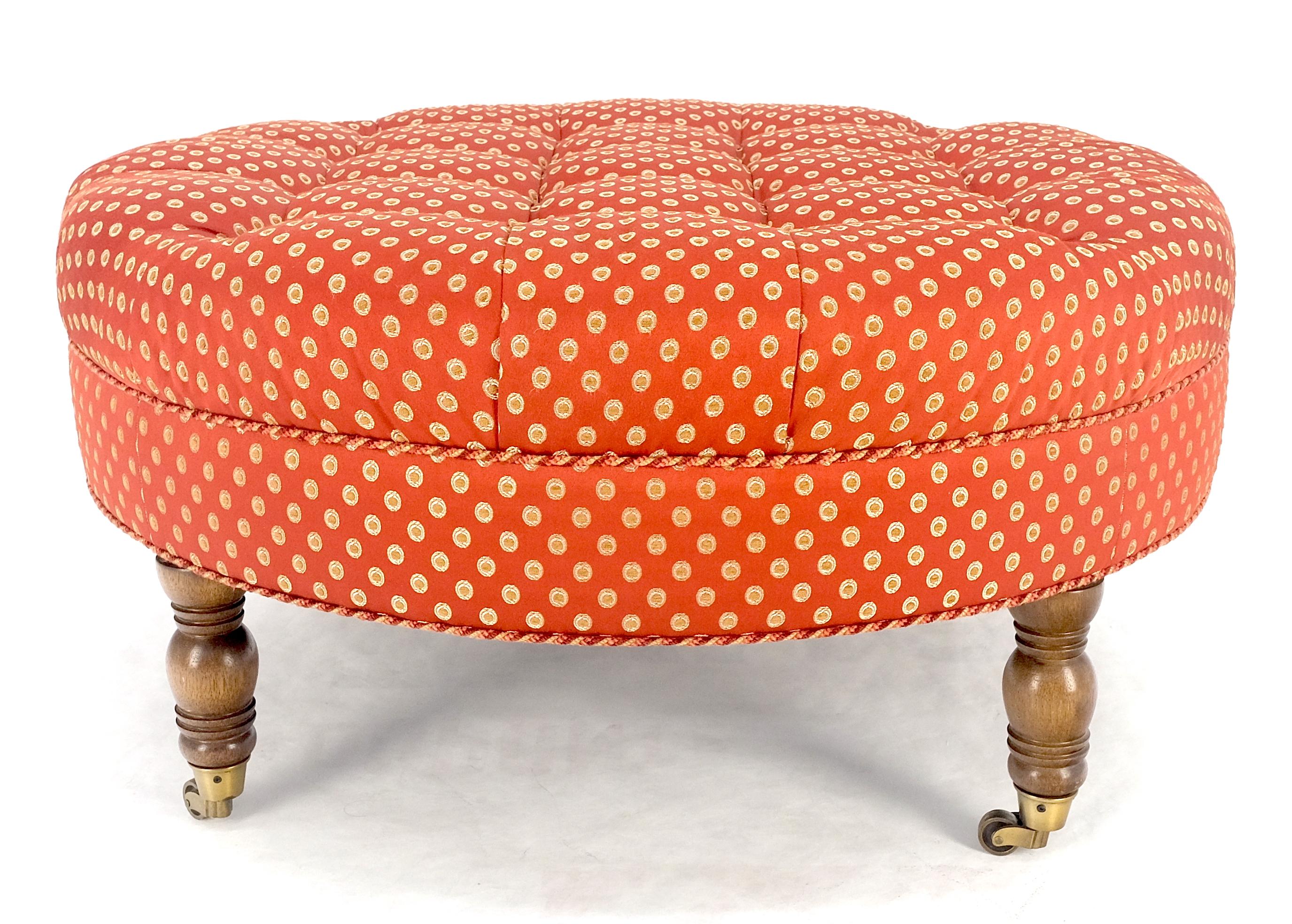 American Red White Tufted Upholstery Round Bech Pouf Hassock Ottoman Brass Castors MINT!