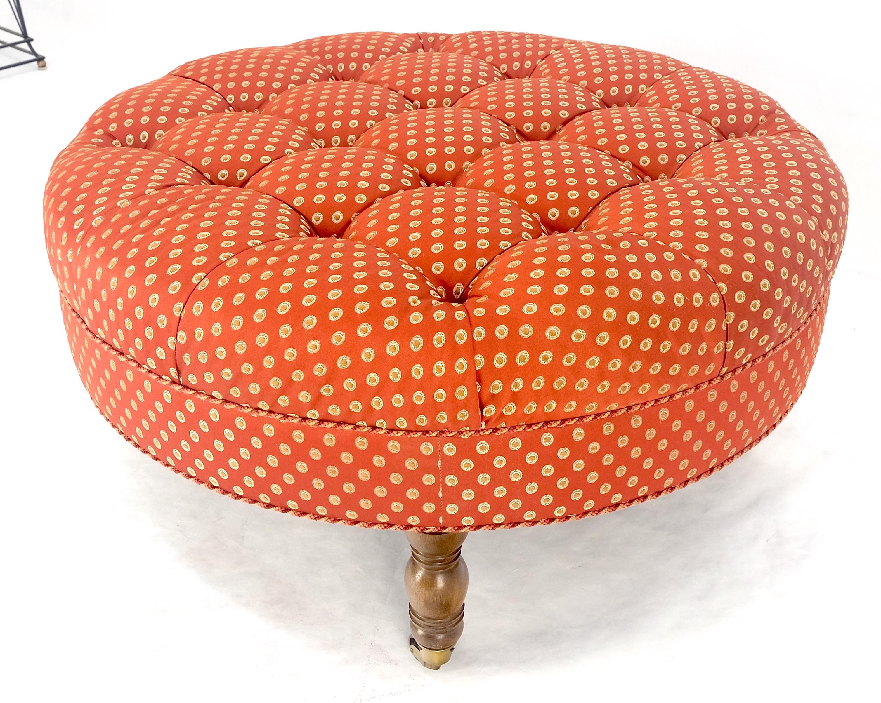 Lacquered Red White Tufted Upholstery Round Bech Pouf Hassock Ottoman Brass Castors MINT!