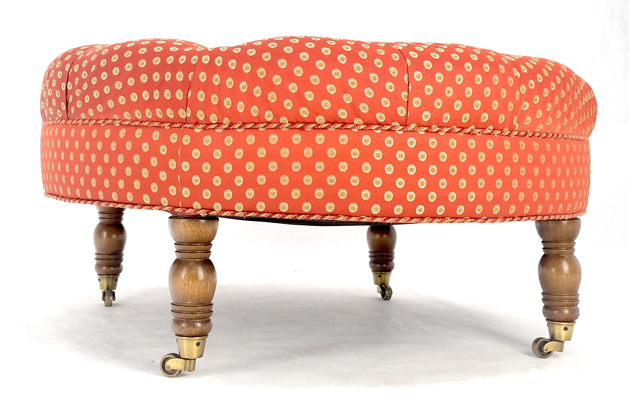 20th Century Red White Tufted Upholstery Round Bech Pouf Hassock Ottoman Brass Castors MINT!
