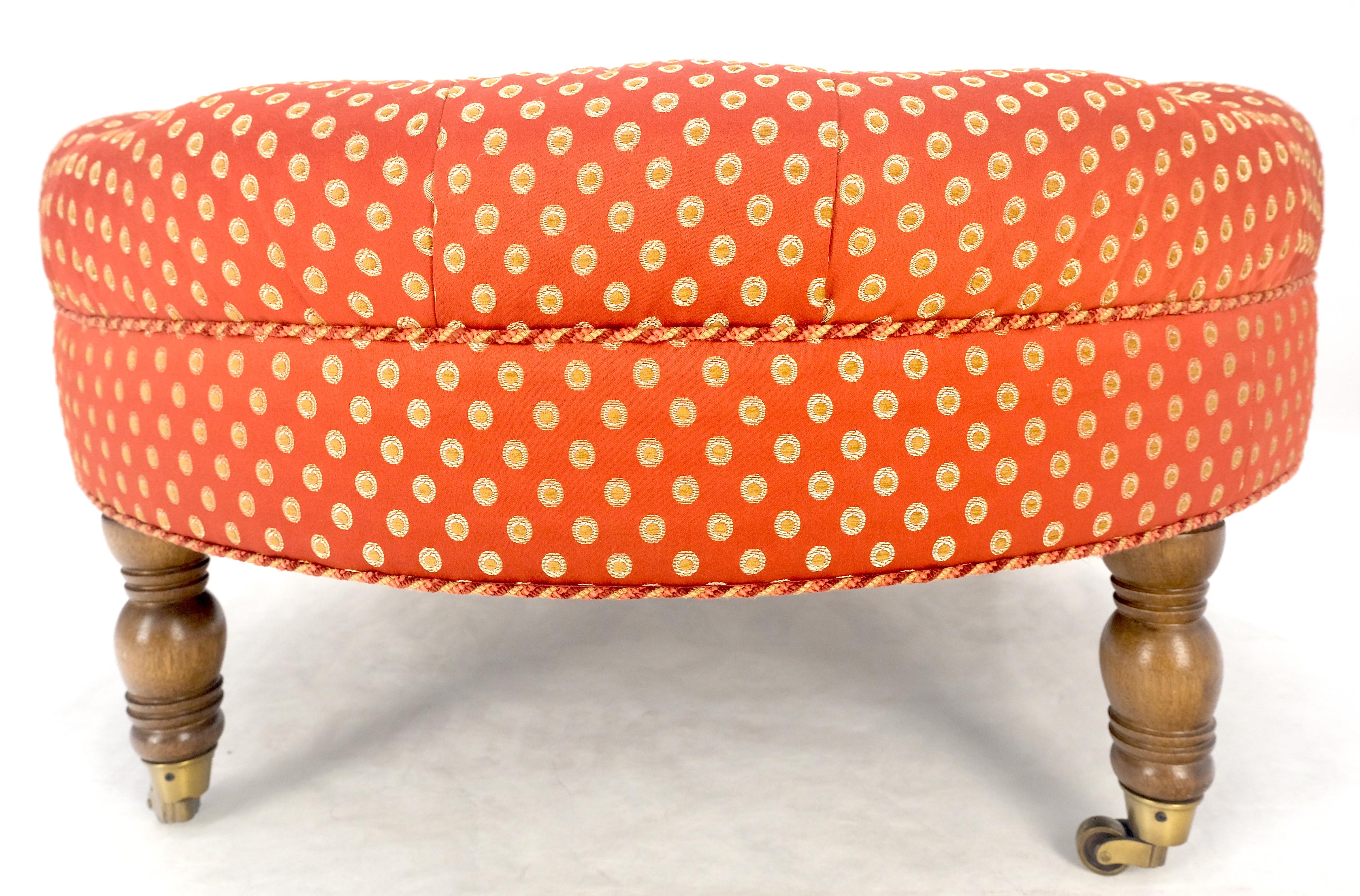 Red White Tufted Upholstery Round Bech Pouf Hassock Ottoman Brass Castors MINT! 2