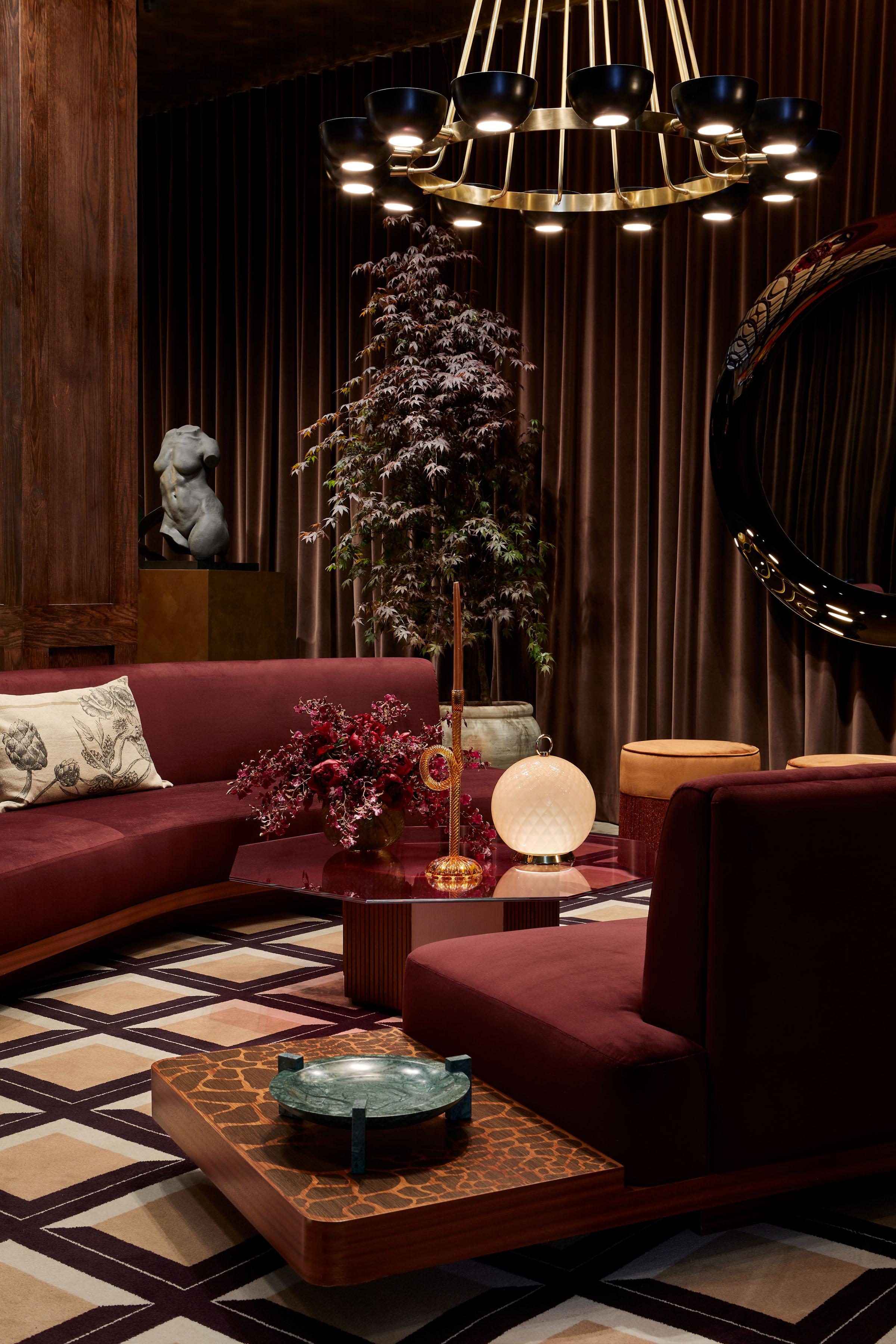 Hand-Carved Red Wine WILD BACK Curve Sofa with back Cabinet by Lorenza Bozzoli For Sale