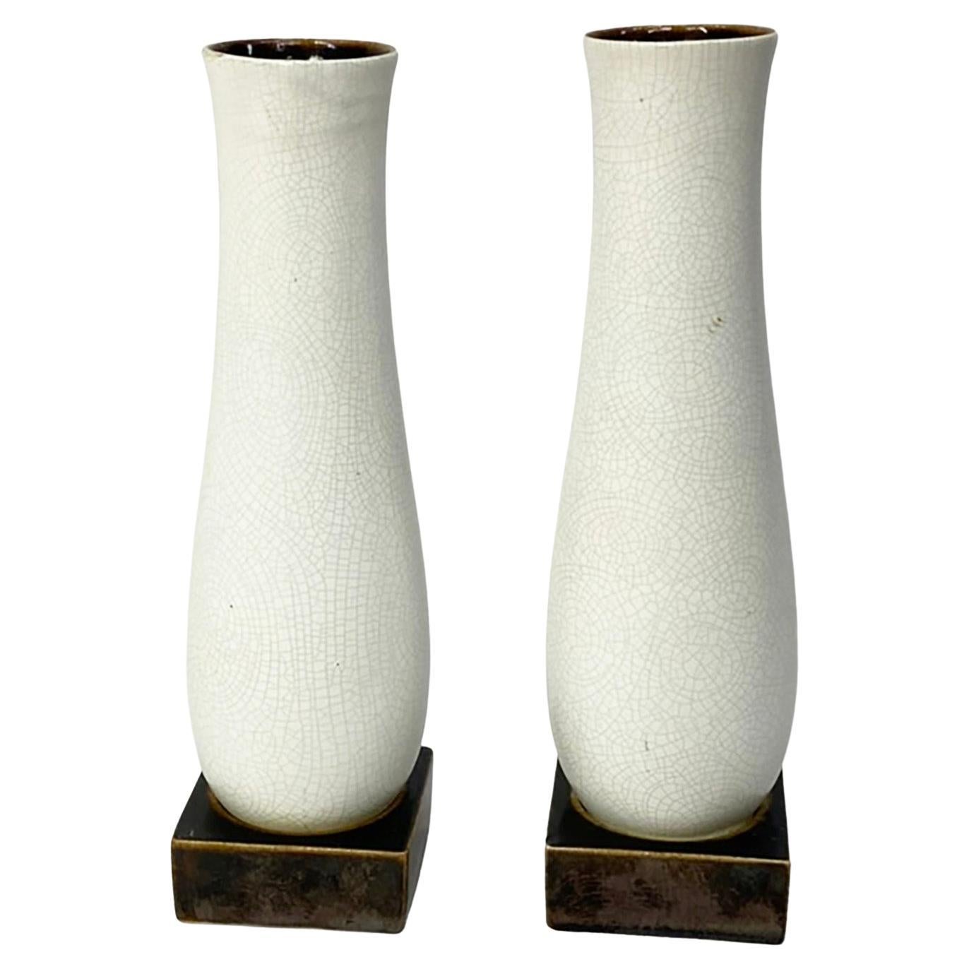 Red Wing Charles Murphy-Designed Pair Pottery Vases -- Ivory Crackle & Gunmetal