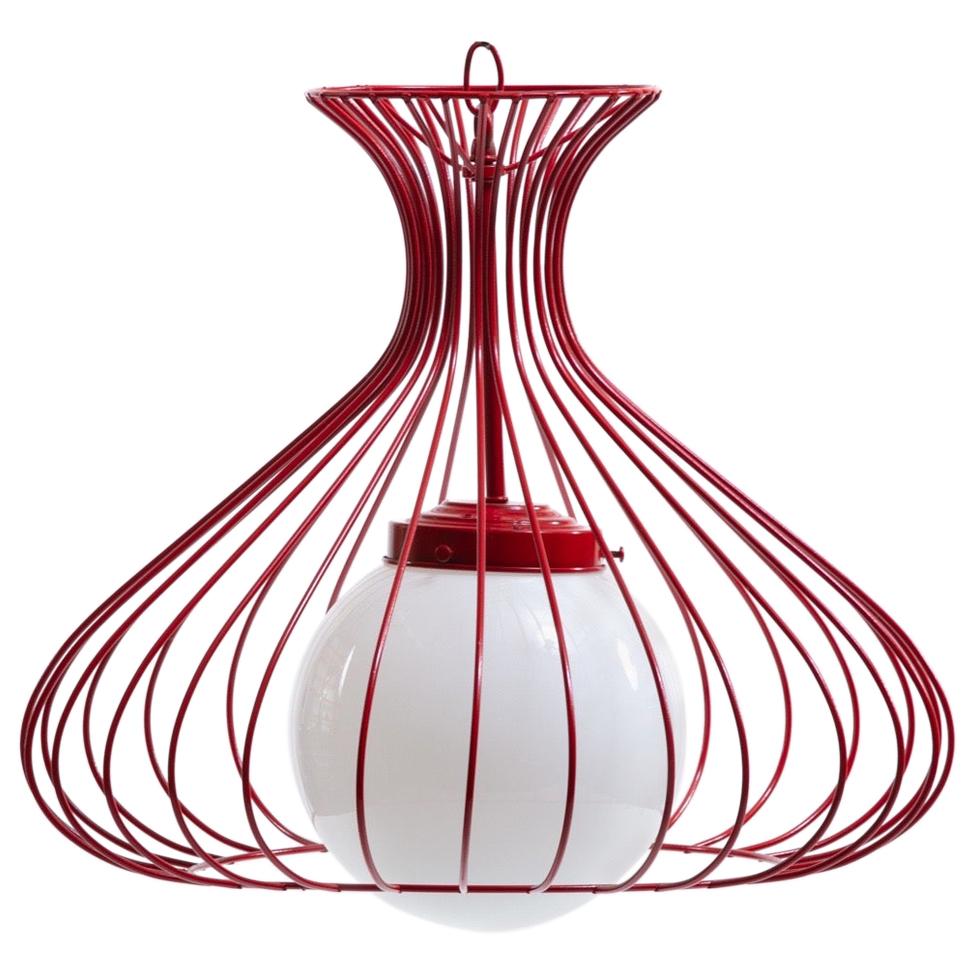 Red Wire Cage Sculptural Pendant Light Fixture, circa 1960