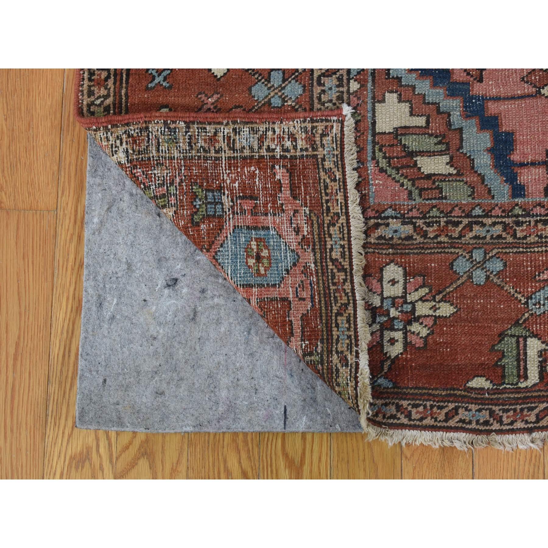 Heriz Serapi Red with Light Blue Corners Antique Persian Serapi Heriz Hand Knotted Wool Rug For Sale