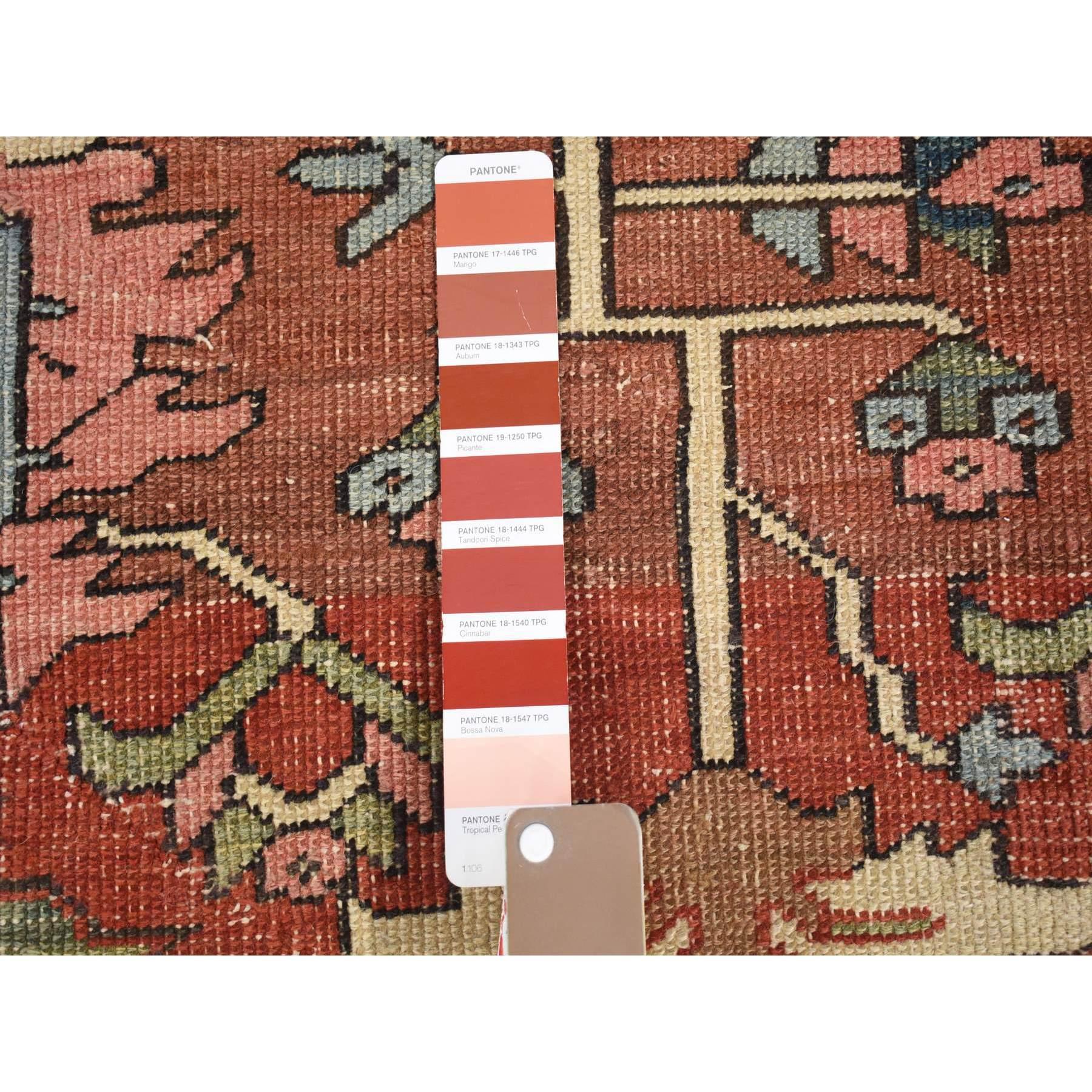 Red with Light Blue Corners Antique Persian Serapi Heriz Hand Knotted Wool Rug In Good Condition For Sale In Carlstadt, NJ