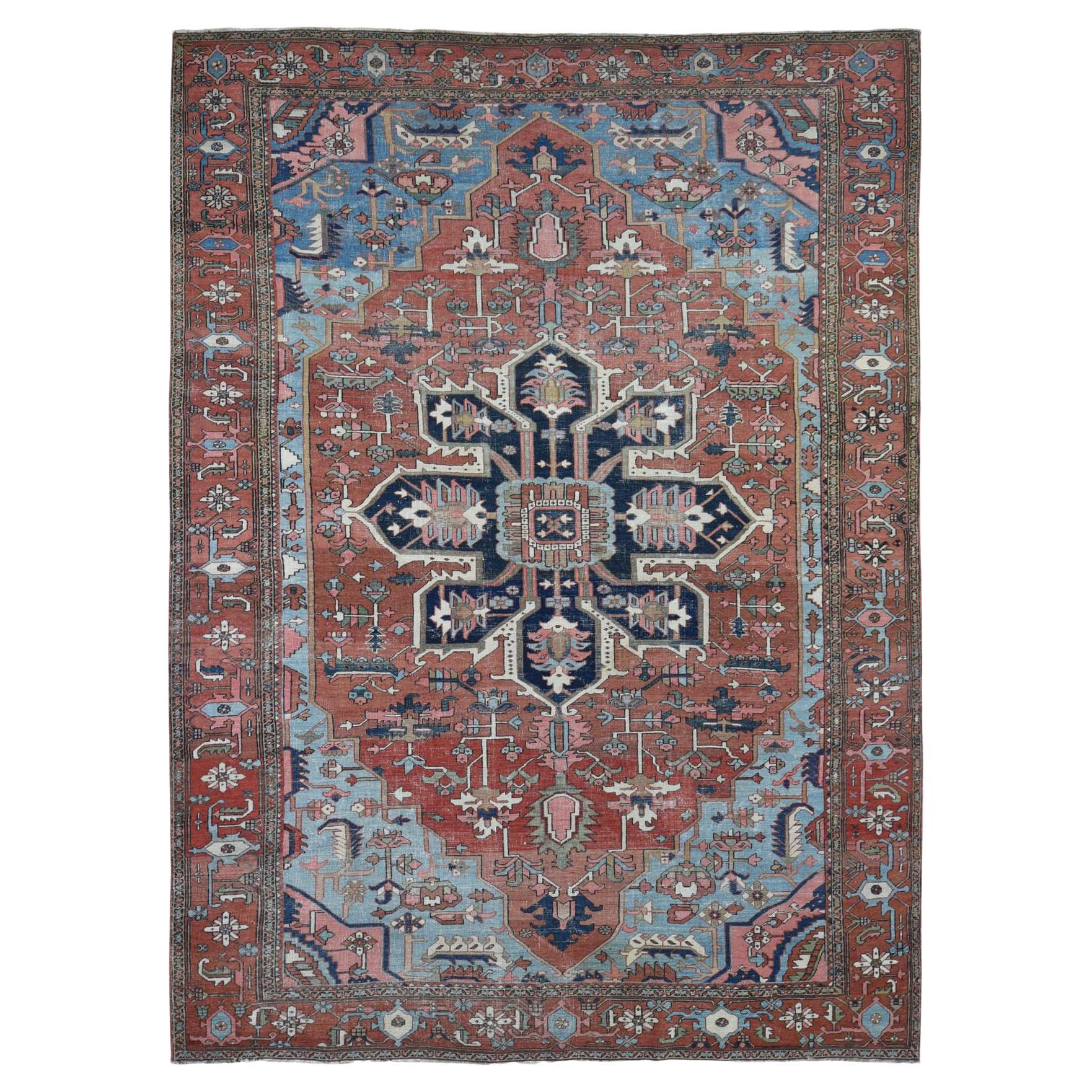 Red with Light Blue Corners Antique Persian Serapi Heriz Hand Knotted Wool Rug