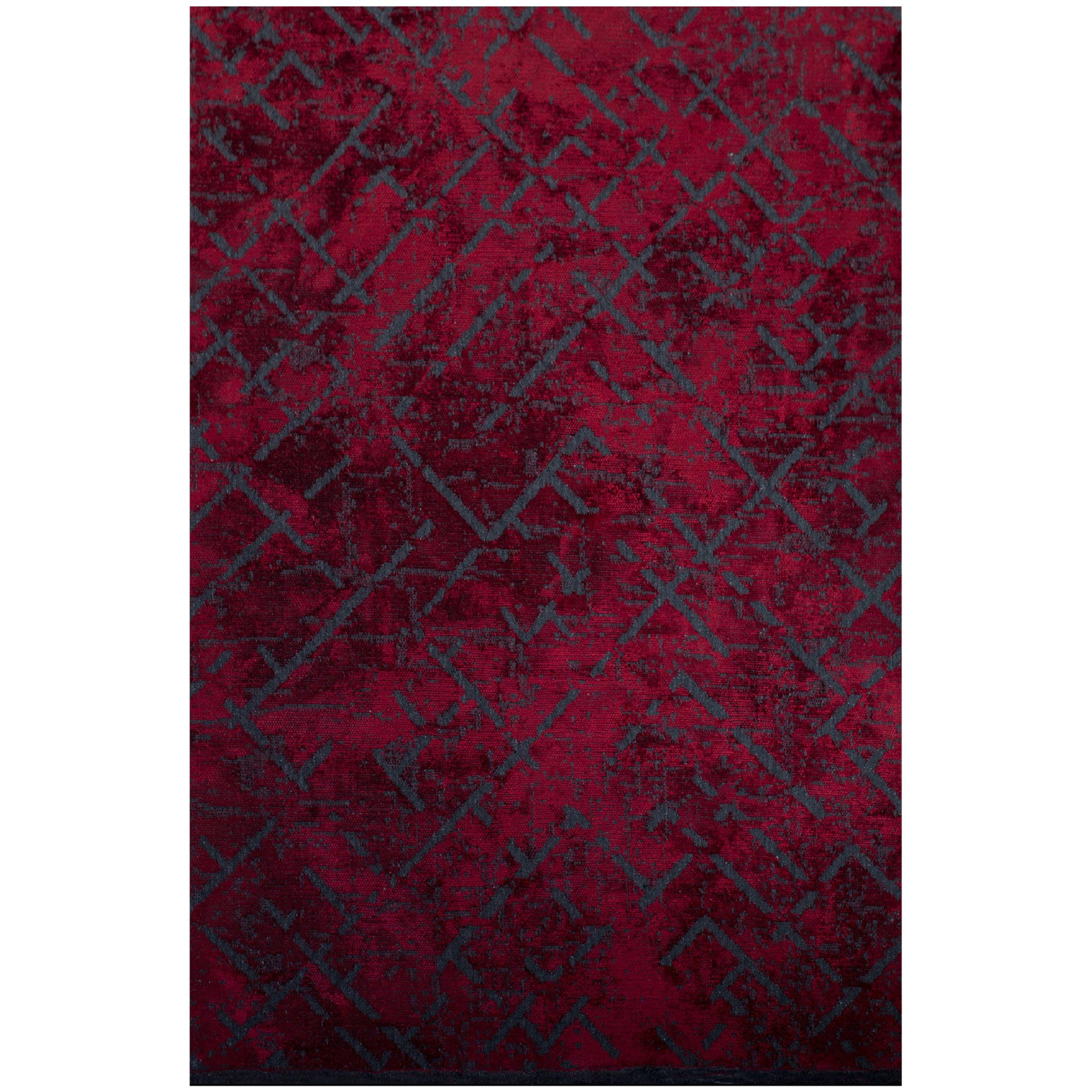 Roter und marineblauer Teppich mit zeitgenössischem abstraktem Muster aus weichem Semi-Plüsch in Rot