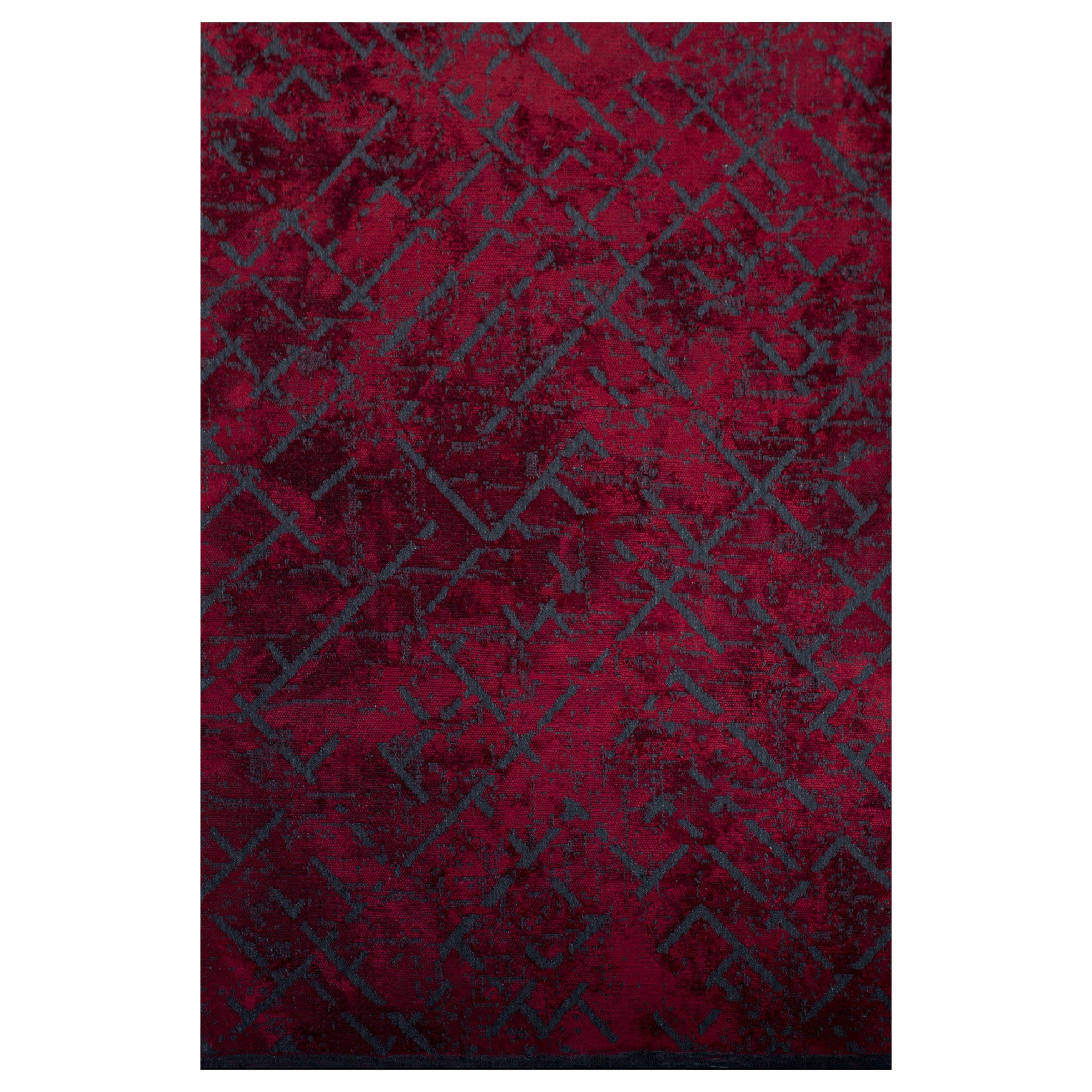 Roter und marineblauer Teppich mit zeitgenössischem abstraktem Muster aus weichem Semi-Plüsch in Rot im Angebot