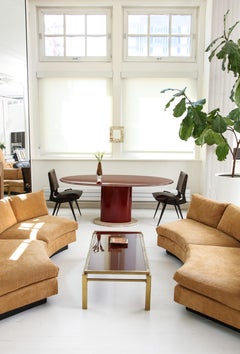 Red Wood Lacquer Dining Table, Desk, Travertine Base and Gold Trim, 1980s France