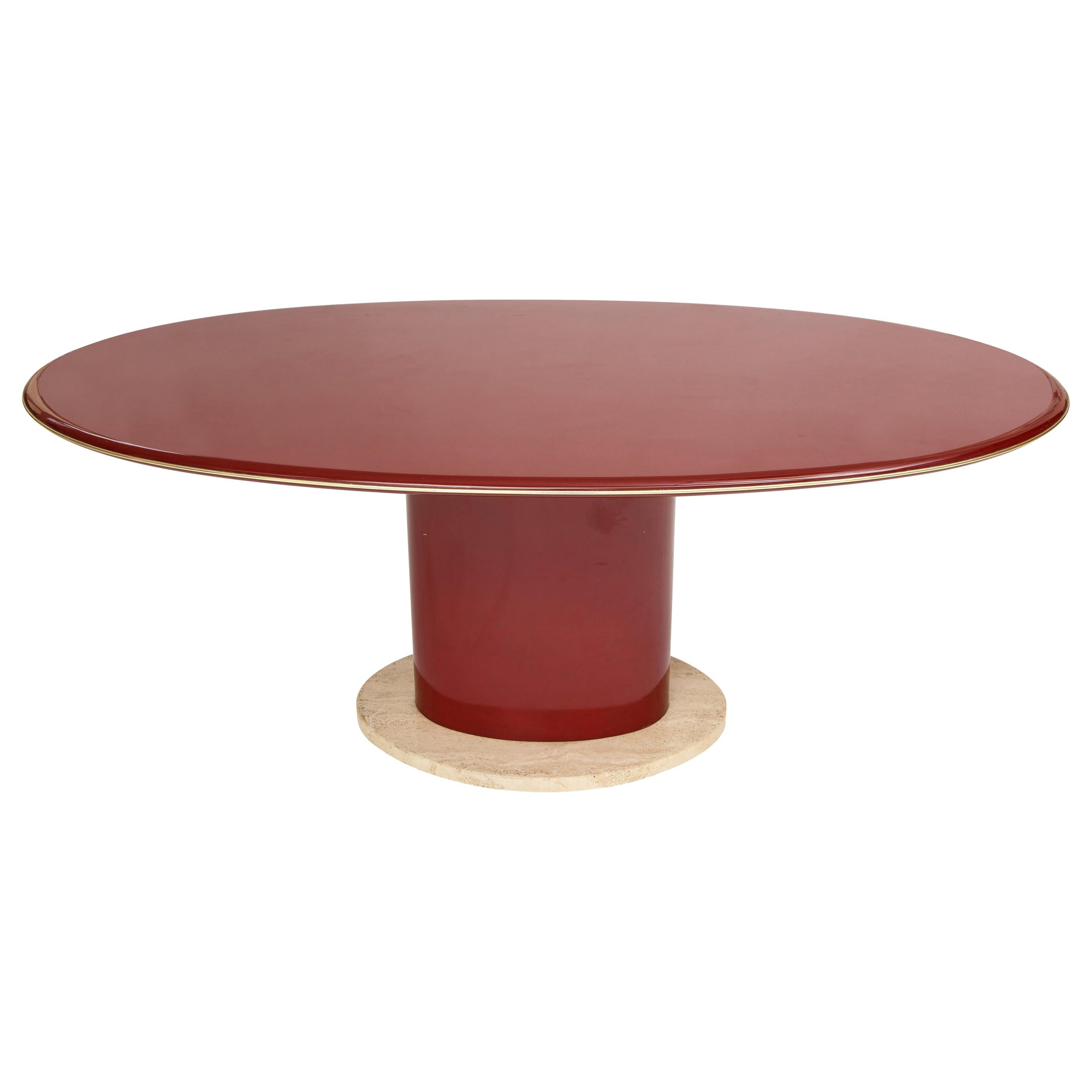 Red Wood Lacquer Dining Table, Desk, Travertine Base and Gold Trim, 1980s France