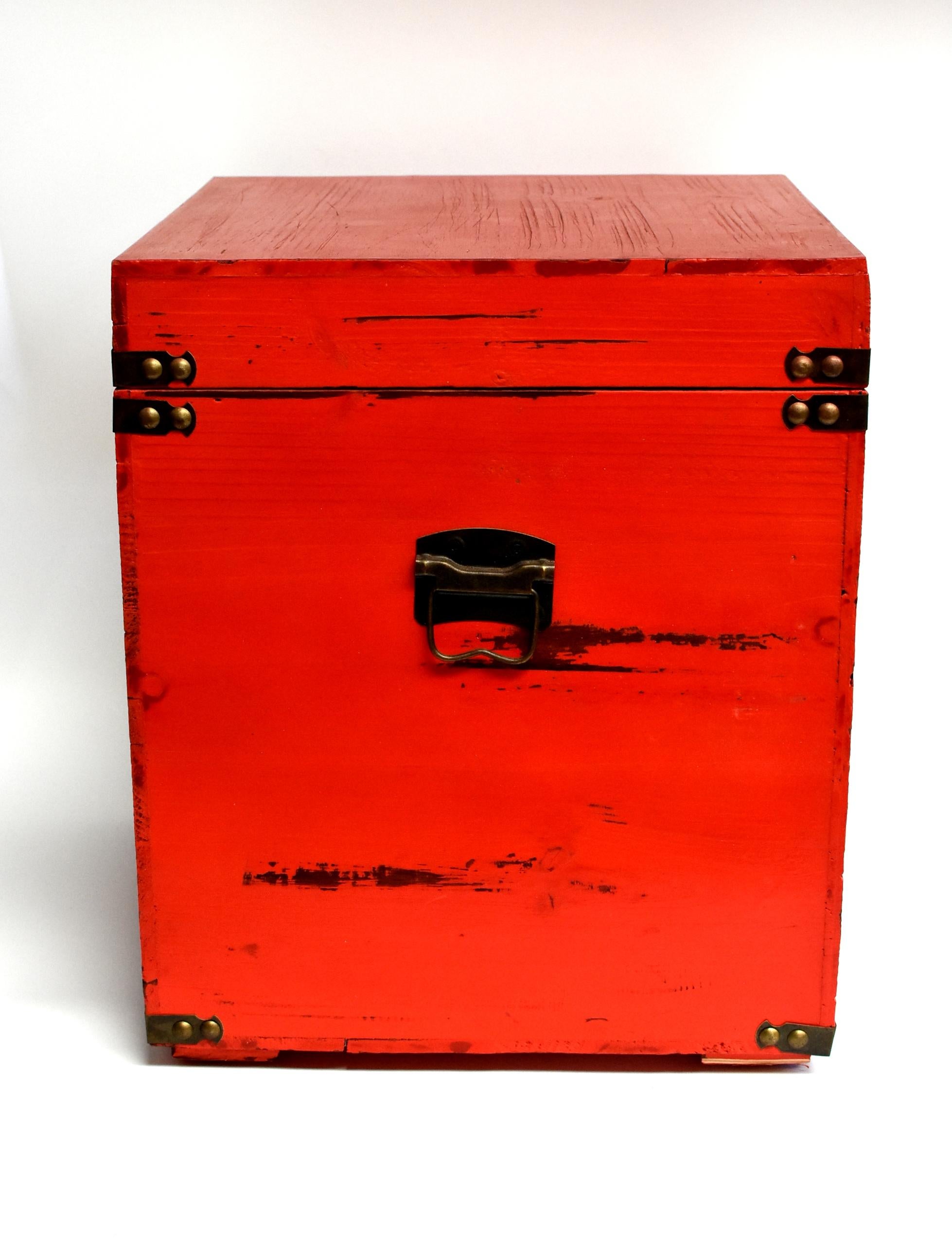 Red Wooden Cube Box, Side Table, Bakery Print New In New Condition In Somis, CA