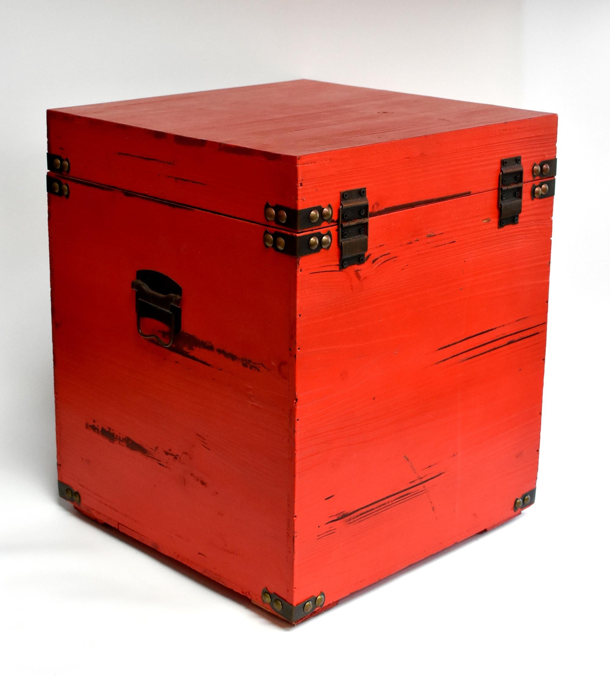 Contemporary Red Wooden Cube Box, Side Table, Bakery Print New