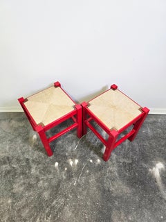 Red Wooden Stool with Woven Rush Seat