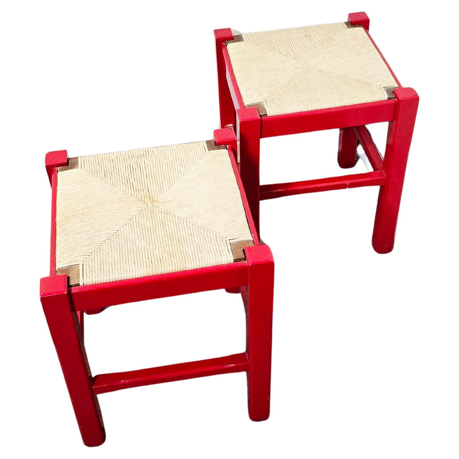 Red Wooden Stool with Woven Rush Seat For Sale