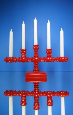 Vintage Wooden Swedish Red Midcentury Modern Five Arm Candelabra, 1960s