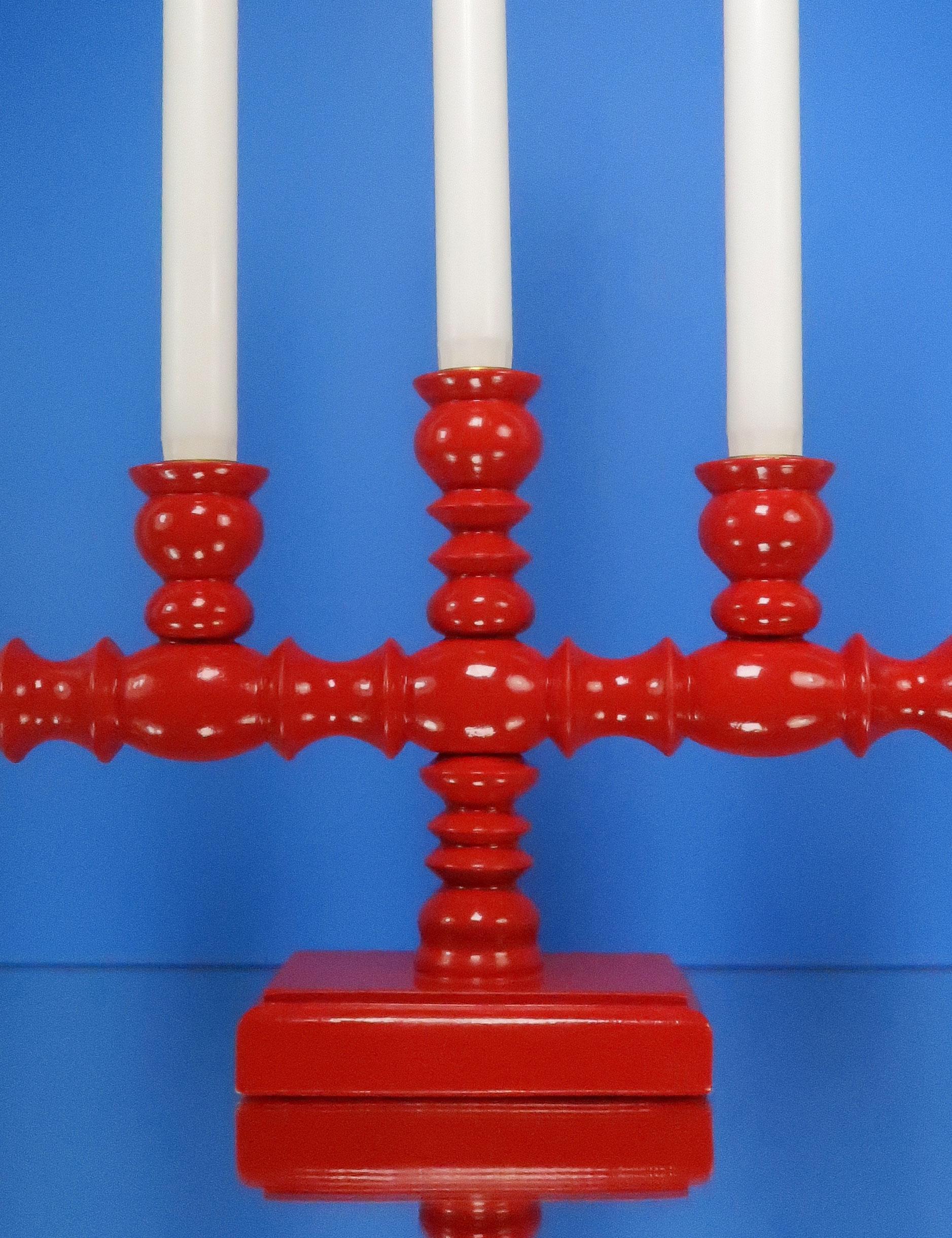 Painted Vintage Wooden Swedish Red Midcentury Modern Five Arm Candelabra, 1960s