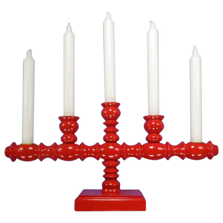 Vintage Wooden Swedish Red Midcentury Modern Five Arm Candelabra, 1960s