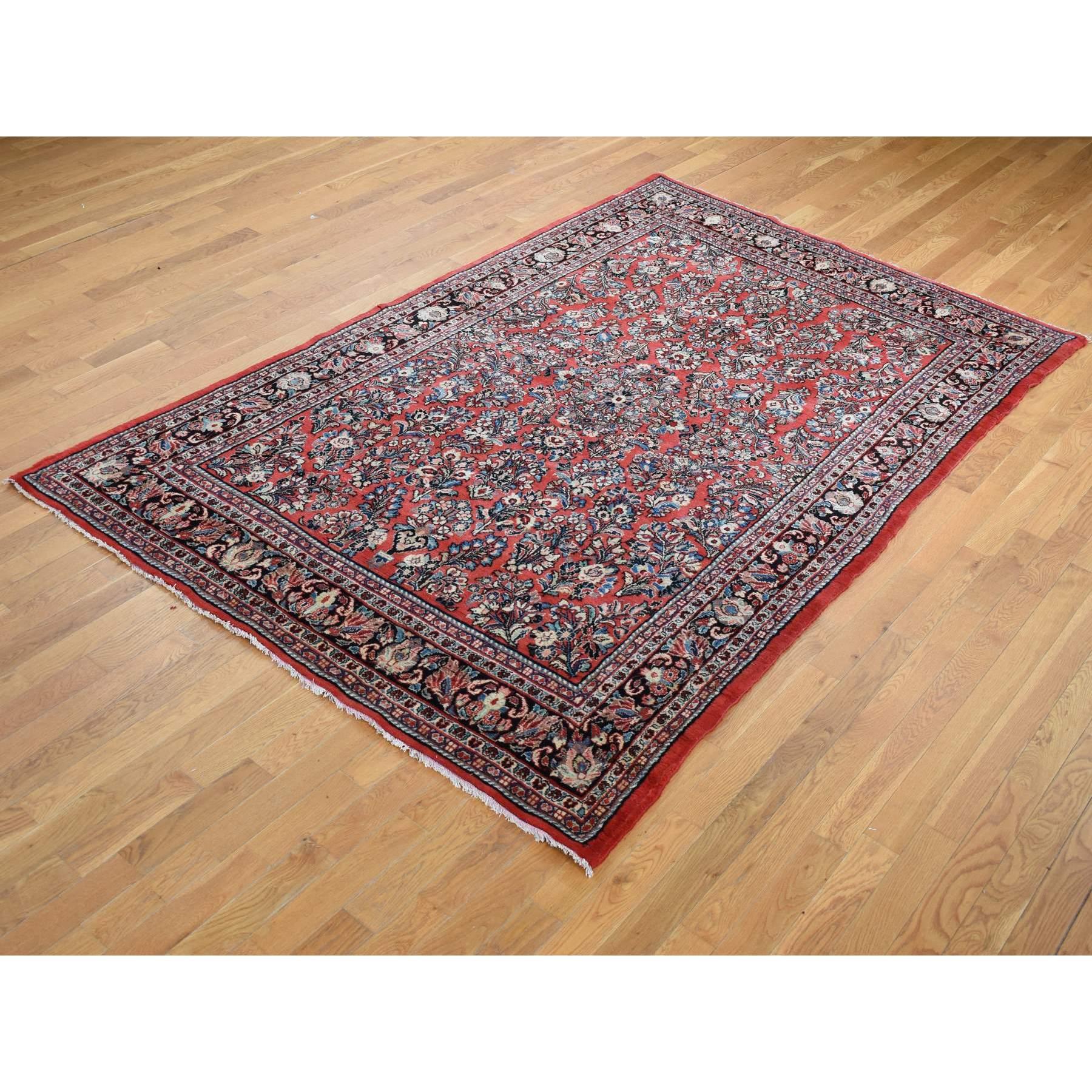 Medieval Red Wool Antique Persian Sarouk Hand Knotted Clean Soft Full and Thick Pile Rug For Sale