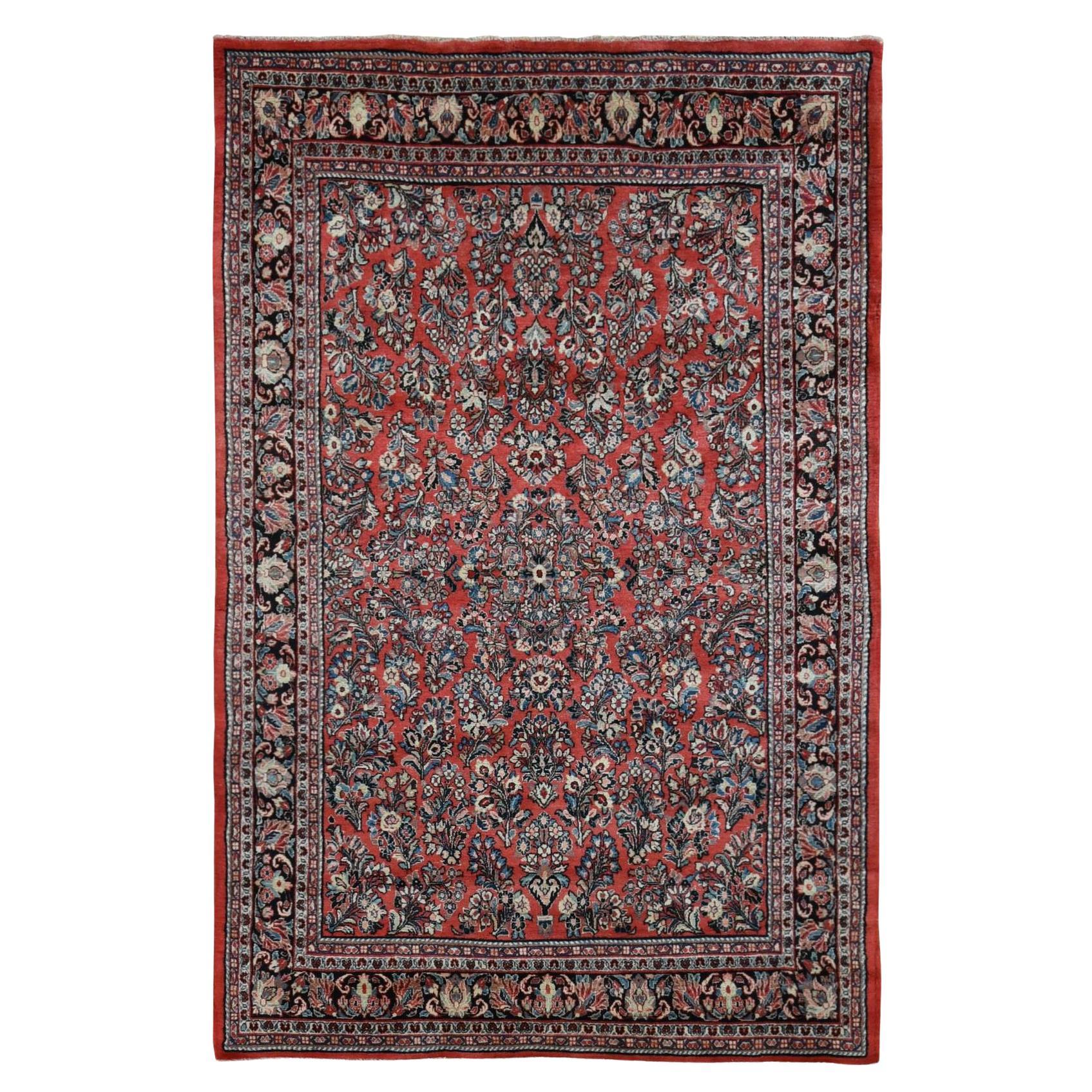 Red Wool Antique Persian Sarouk Hand Knotted Clean Soft Full and Thick Pile Rug For Sale