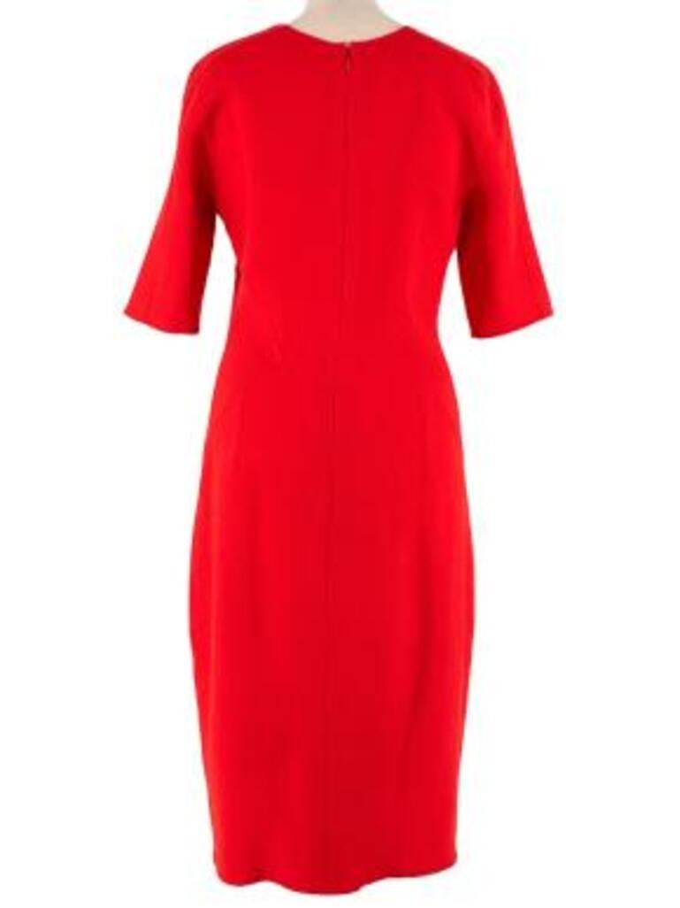 Oscar de la Renta Red Wool Crepe Midi Dress
 

 - Mid weight crepe body 
 - Diamond top stitch details 
 - Pleated skirt 
 - Half sleeves 
 - Bateau neckline 
 - Mid length
 

 Materials: 
 100% Wool 
 

 Made in Italy 
 

 Dry clean only 
 

