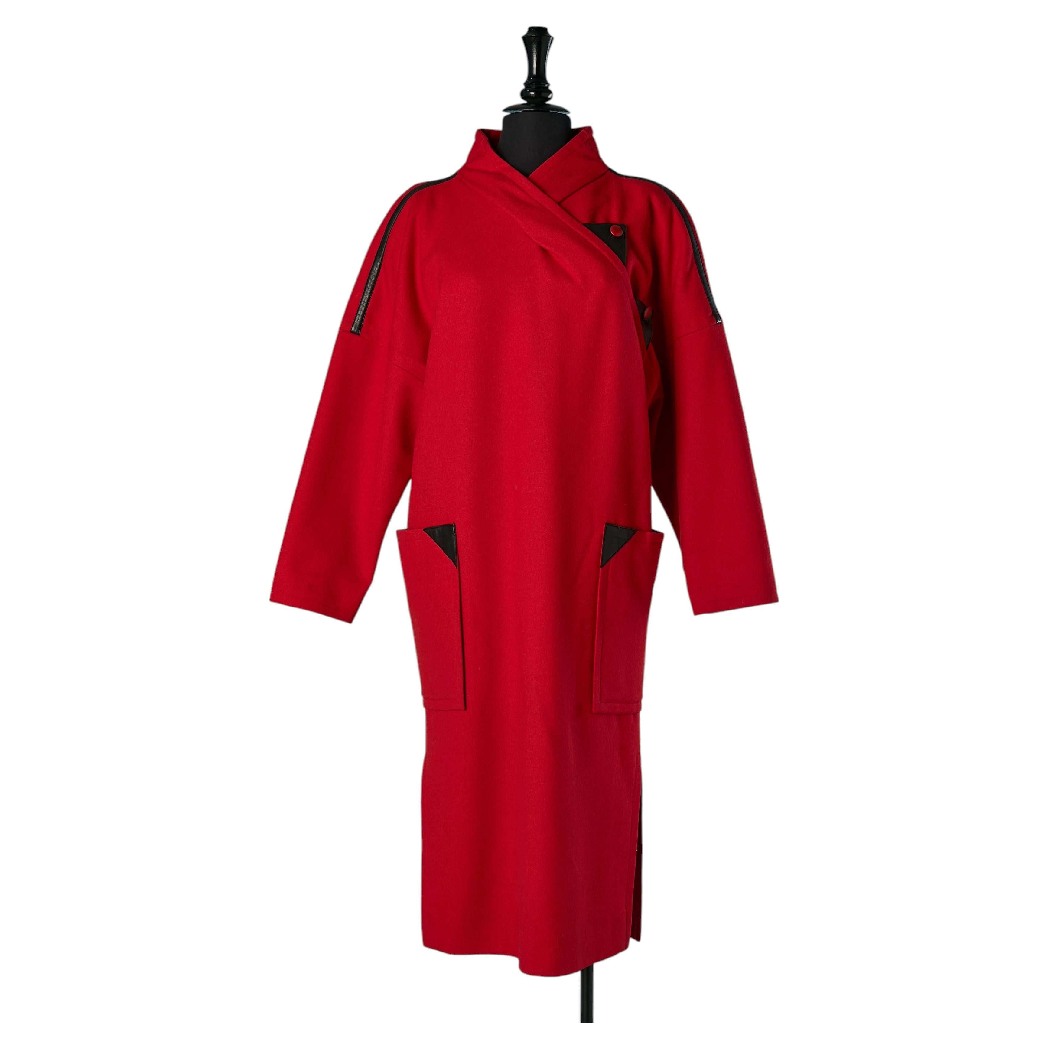 Red wool dress-coat with black leather details COURREGES For Sale