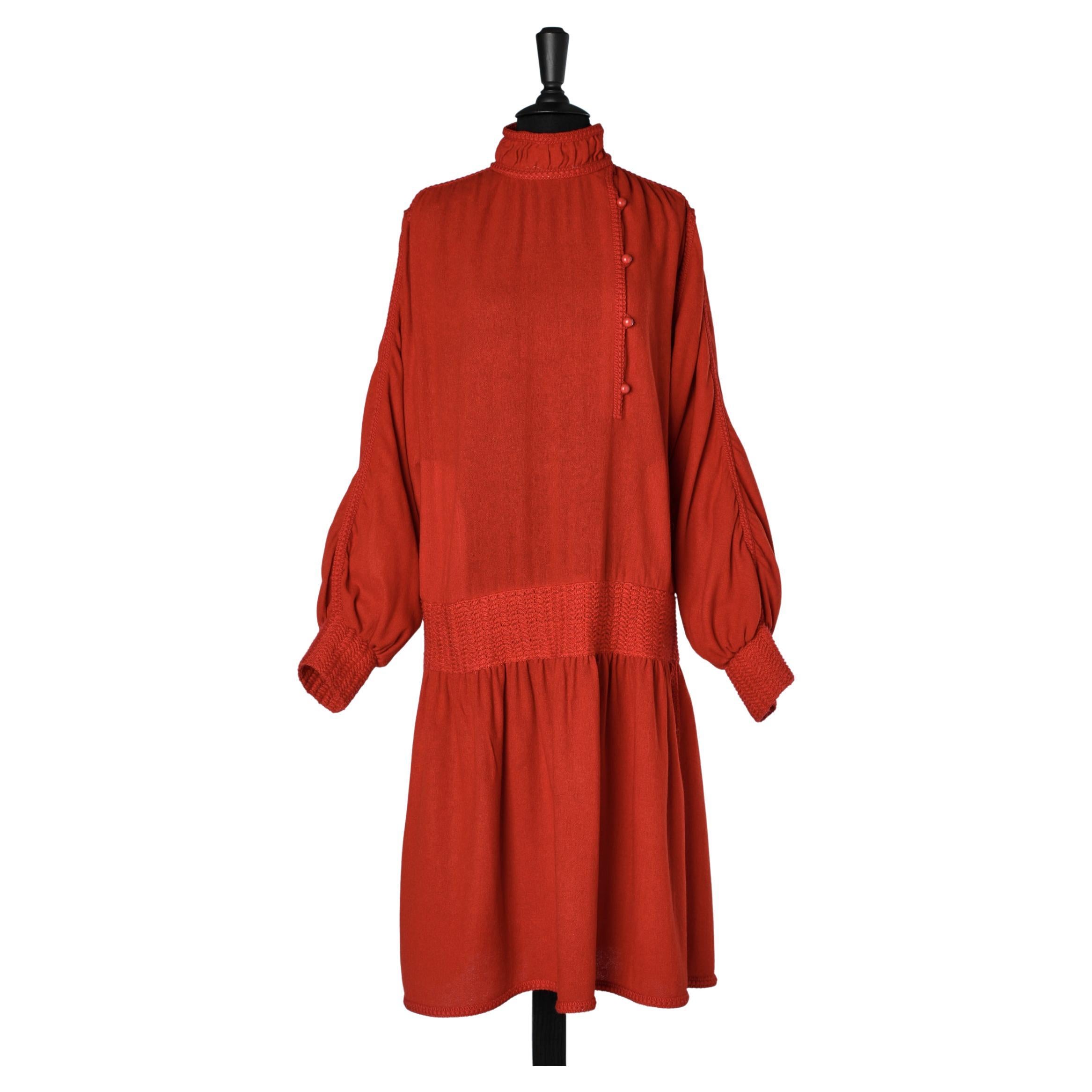 Red wool dress with knit details Russian style Yves Saint Laurent Rive Gauche  For Sale