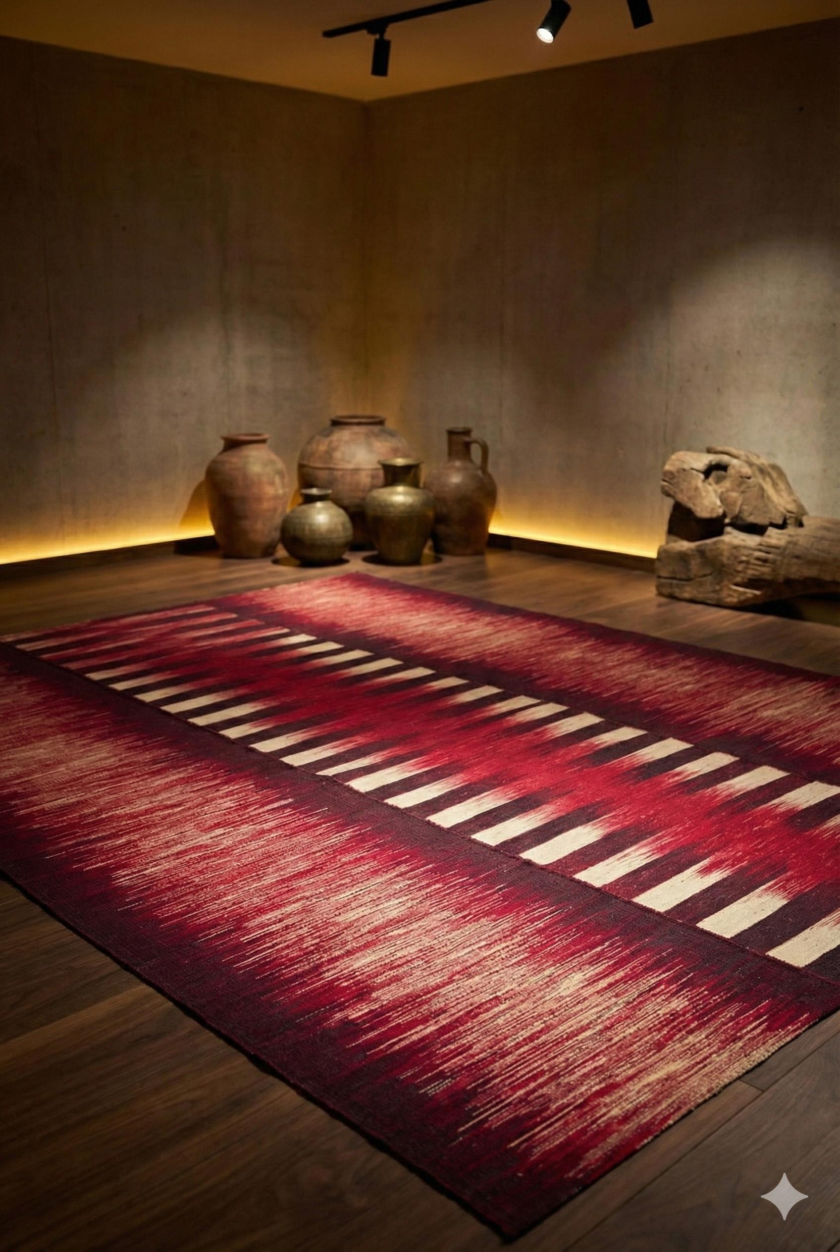 Dieser auffallend moderne Teppich ist in einer zeitgenössischen Flachgewebetechnik handgewebt und zeichnet sich durch eine kräftige Farbpalette aus tiefem Rot, Burgunderrot und Elfenbein aus. Mit den Maßen von ca. 218 cm x 290 cm (7 ft 2 in x 9 ft 6