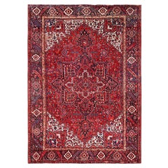 Red Wool Hand Knotted Retro Bohemian Persian Heriz Distressed Look Cleaned Rug