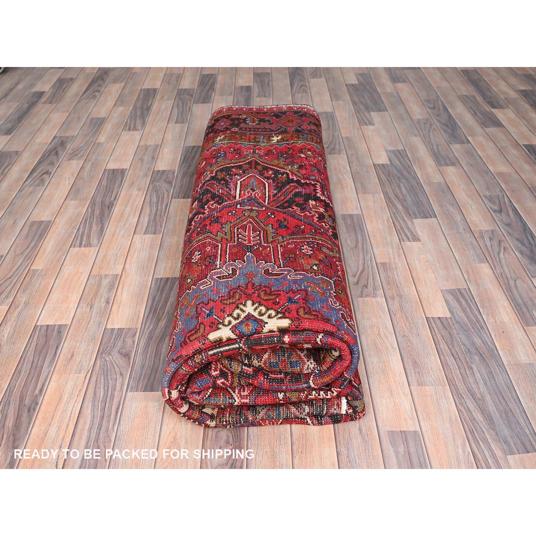 Red Wool Hand Knotted Vintage Bohemian Persian Heriz Rustic Feel Cleaned Rug For Sale 5