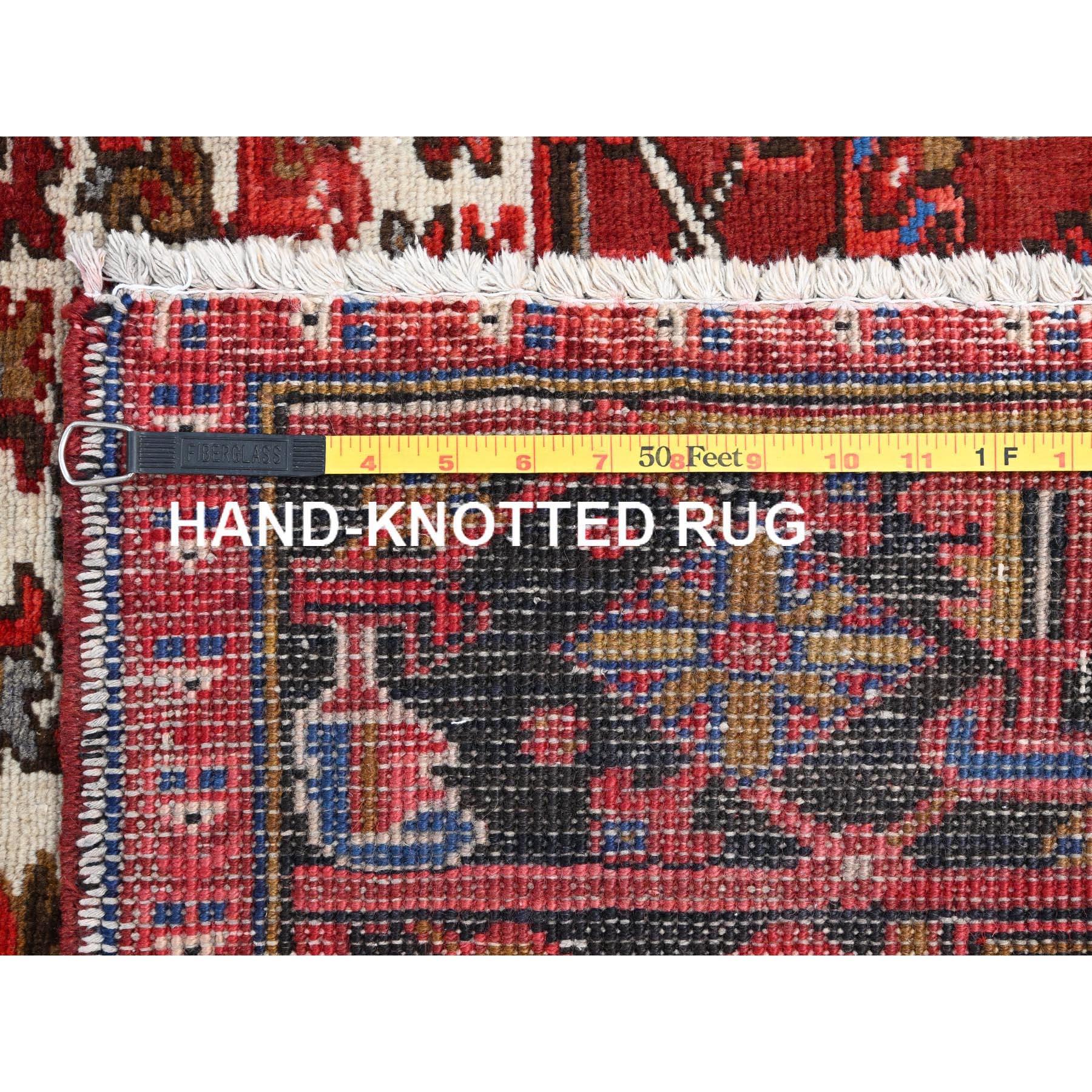 Red Wool Hand Knotted Vintage Bohemian Persian Heriz Rustic Feel Cleaned Rug For Sale 7