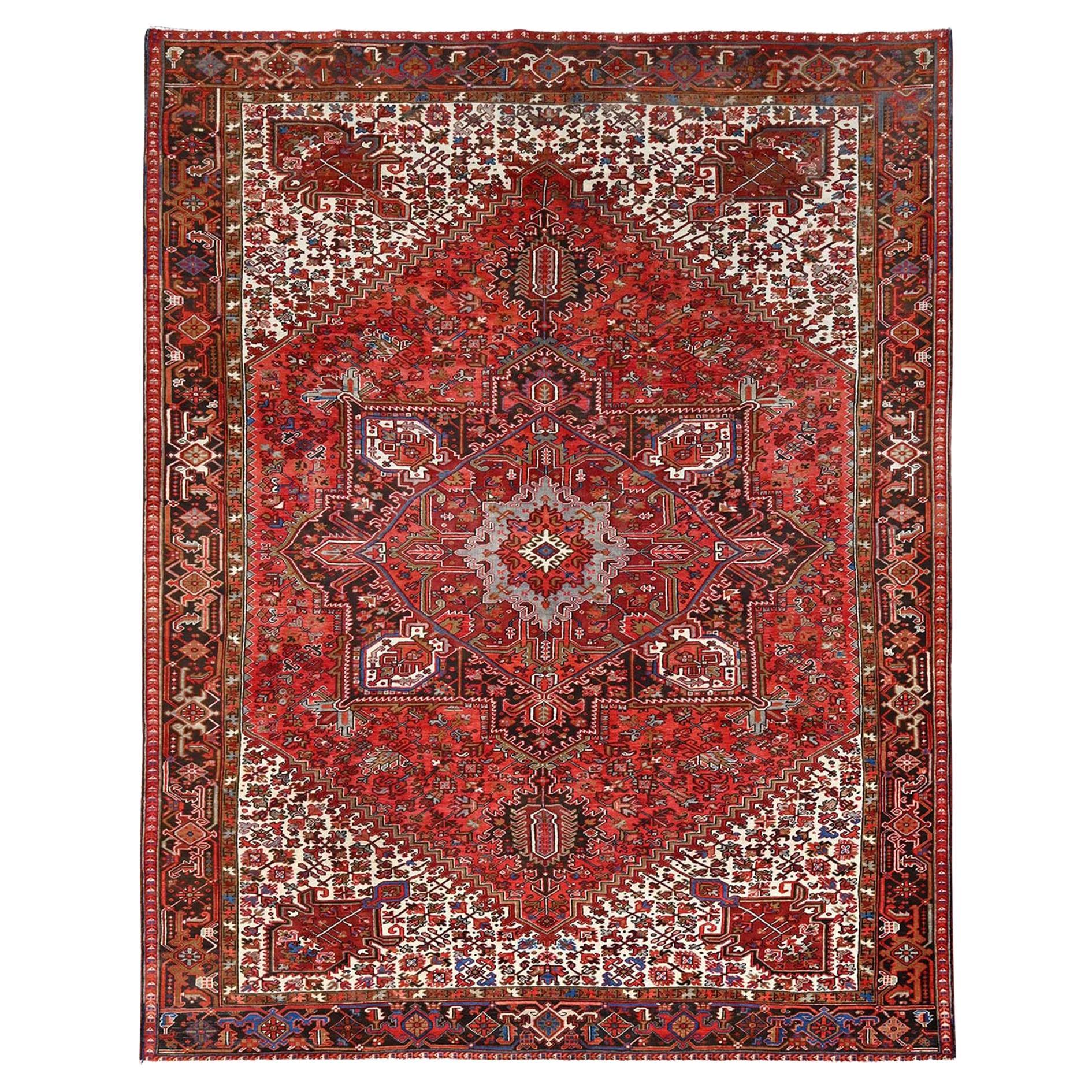 Red Wool Hand Knotted Vintage Bohemian Persian Heriz Rustic Feel Cleaned Rug