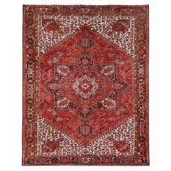 Red Wool Hand Knotted Vintage Bohemian Persian Heriz Rustic Feel Cleaned Rug