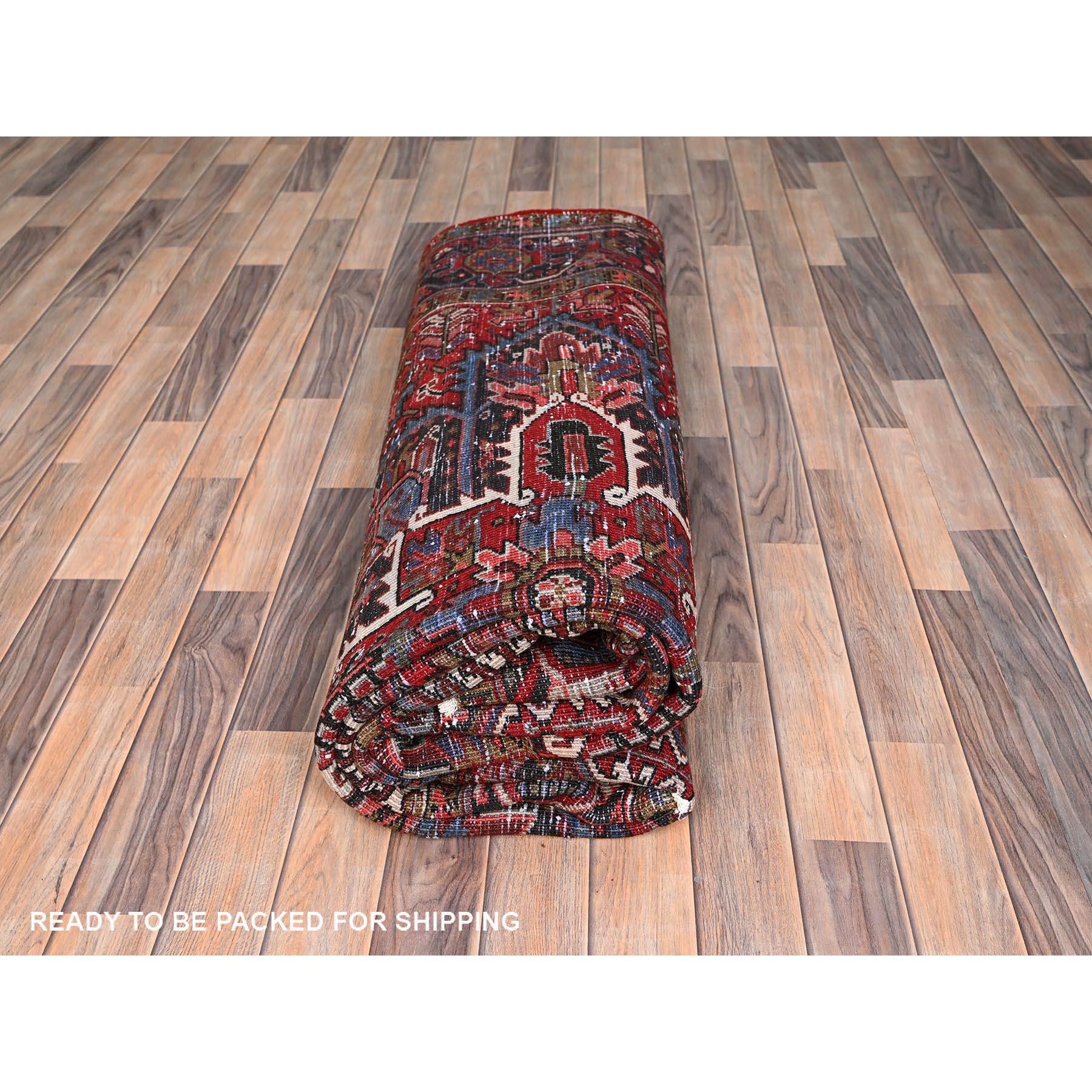 Red Wool Hand Knotted Vintage Bohemian Persian Heriz Rustic Look Cleaned Rug For Sale 5