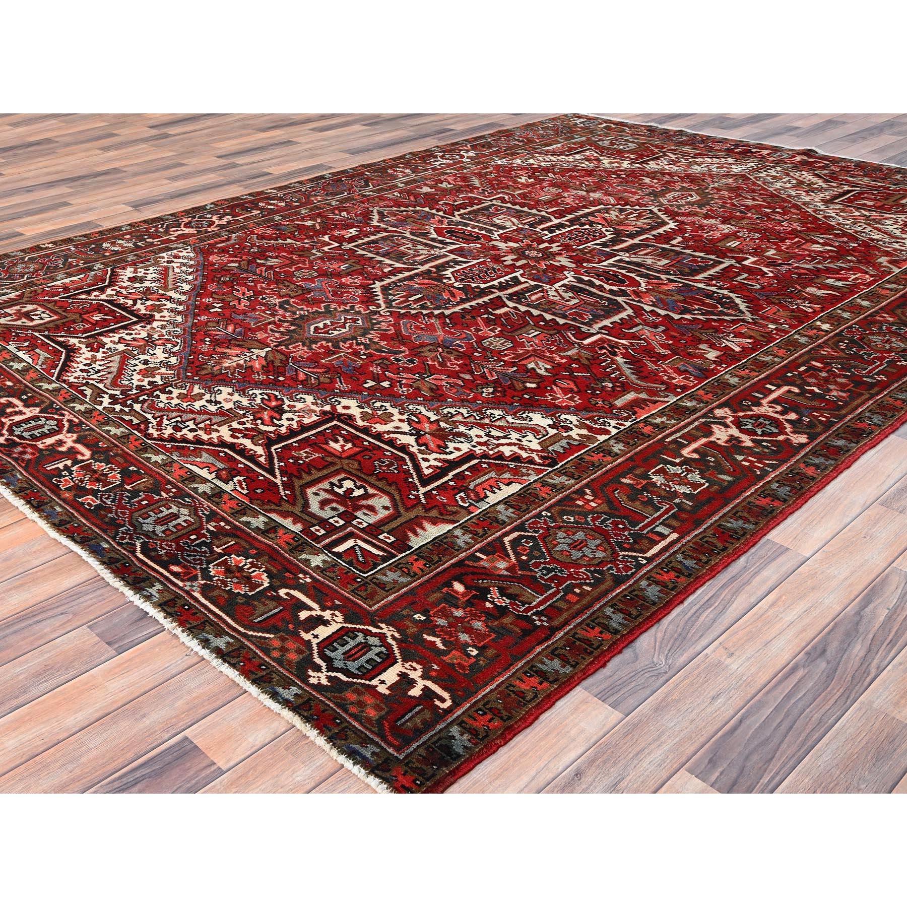 Red Wool Hand Knotted Vintage Bohemian Persian Heriz Rustic Look Cleaned Rug In Good Condition For Sale In Carlstadt, NJ