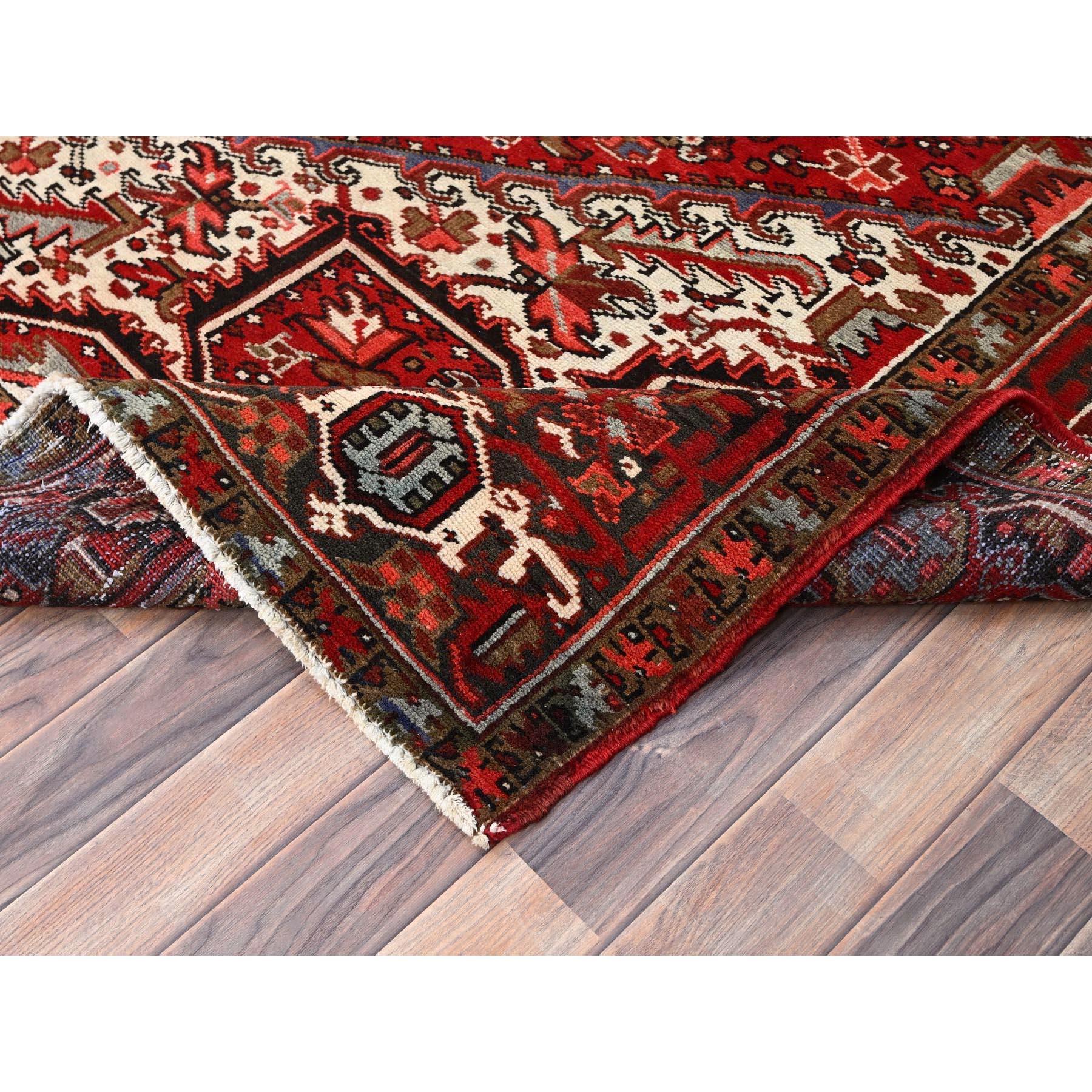 Red Wool Hand Knotted Vintage Bohemian Persian Heriz Rustic Look Cleaned Rug For Sale 2