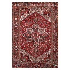 Red Wool Hand Knotted Retro Bohemian Persian Heriz Rustic Look Cleaned Rug