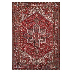 Red Wool Hand Knotted Vintage Bohemian Persian Heriz Rustic Look Cleaned Rug