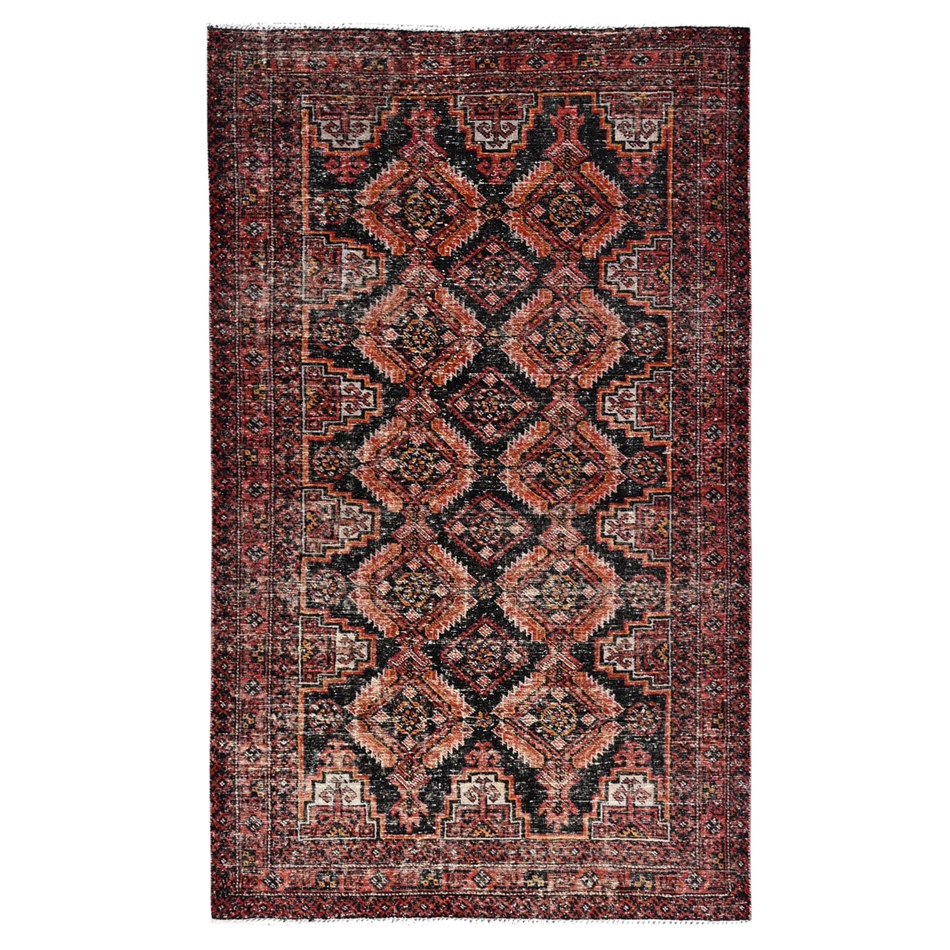 Red Wool Hand Knotted Vintage Persian Baluch Washed Out Worn Sheared Low Rug For Sale
