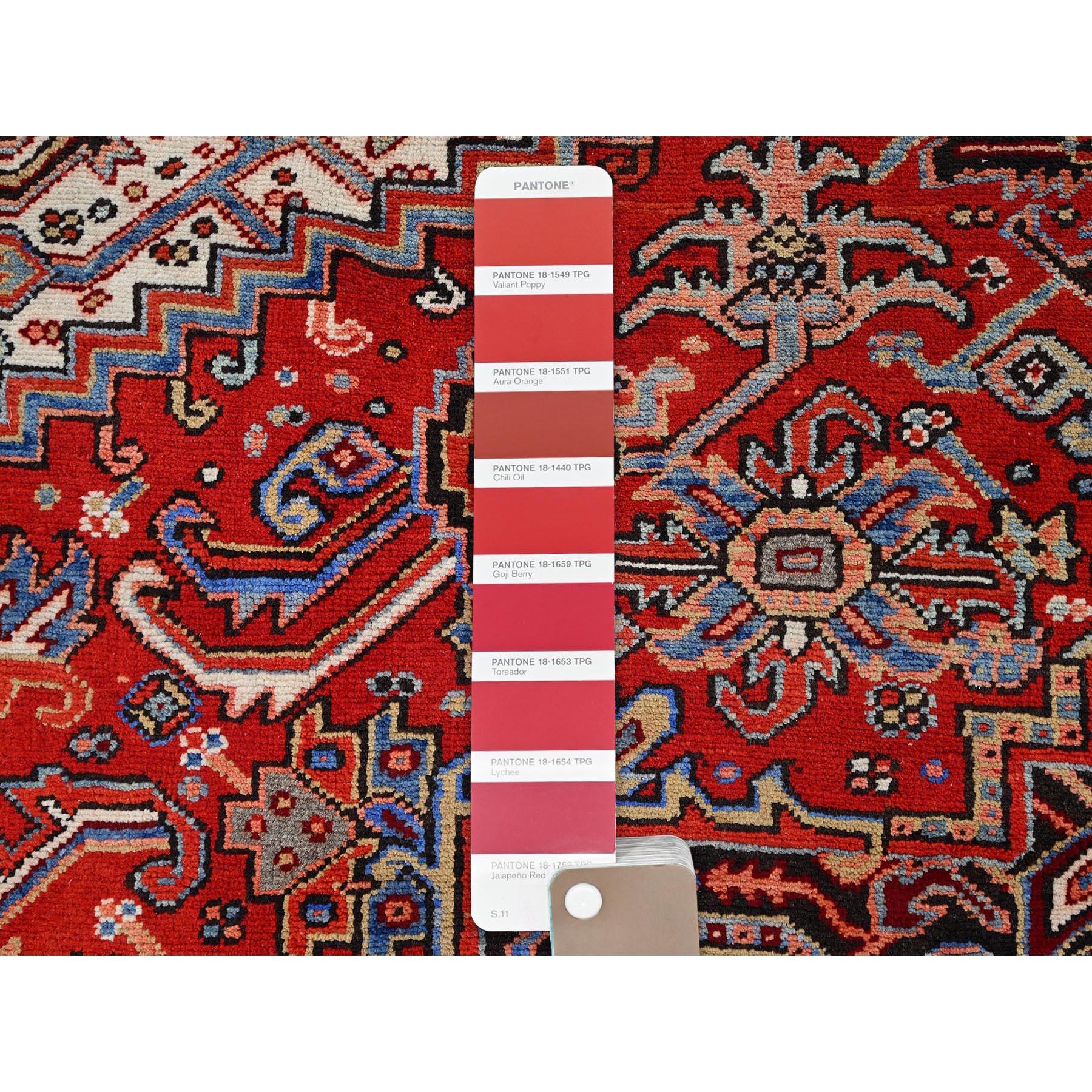 Red Wool Hand Knotted Vintage Persian Heriz Evenly Worn Clean Sides and Ends Rug For Sale 4