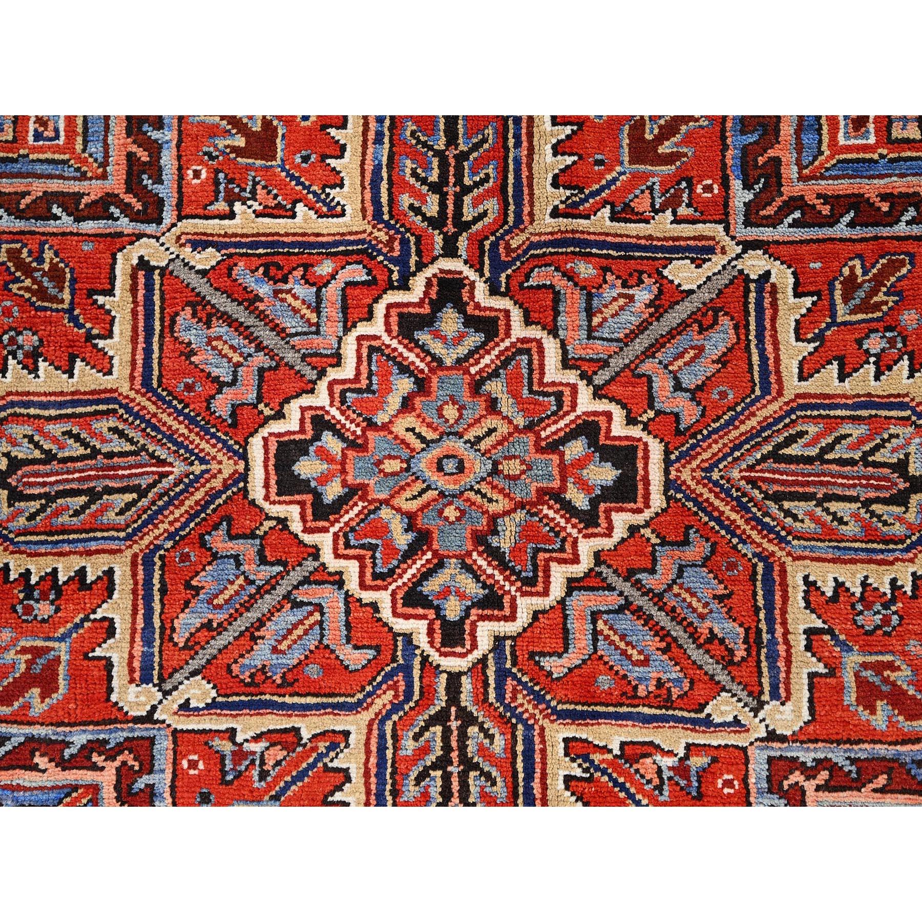 Red Wool Hand Knotted Vintage Persian Heriz Evenly Worn Clean Sides and Ends Rug For Sale 5