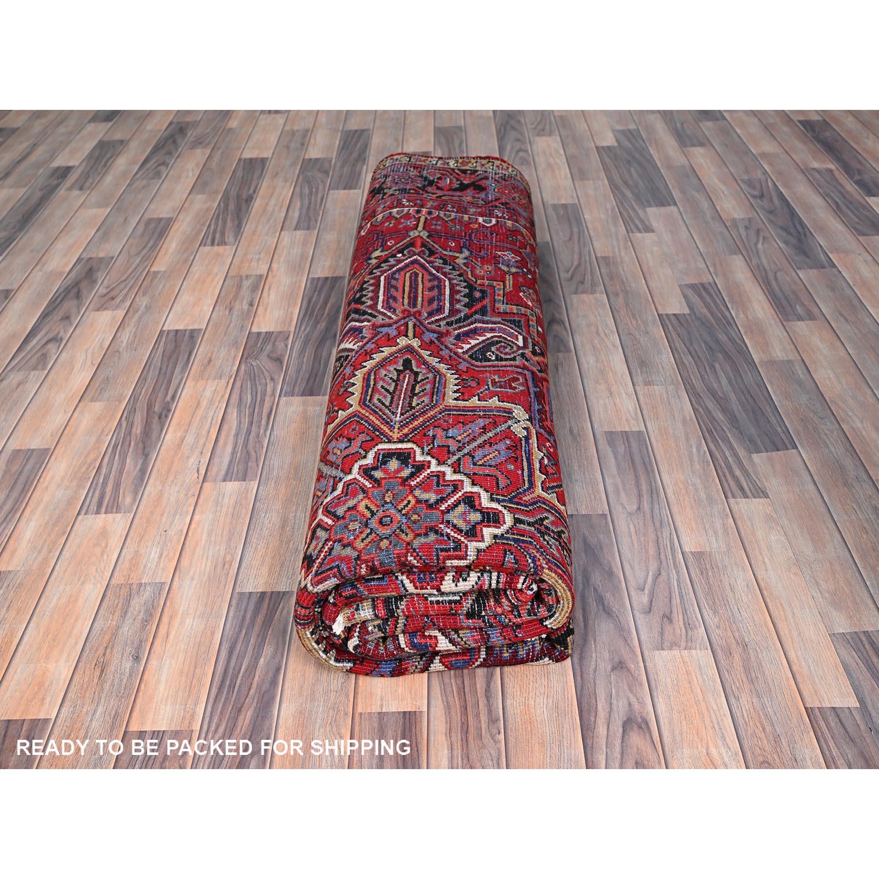 Red Wool Hand Knotted Vintage Persian Heriz Evenly Worn Clean Sides and Ends Rug For Sale 6