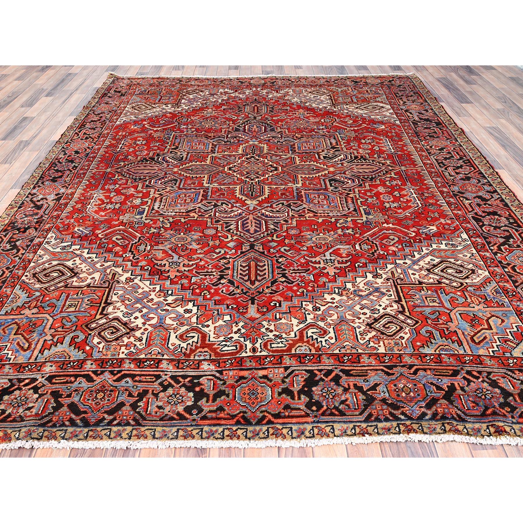 Red Wool Hand Knotted Vintage Persian Heriz Evenly Worn Clean Sides and Ends Rug In Good Condition For Sale In Carlstadt, NJ